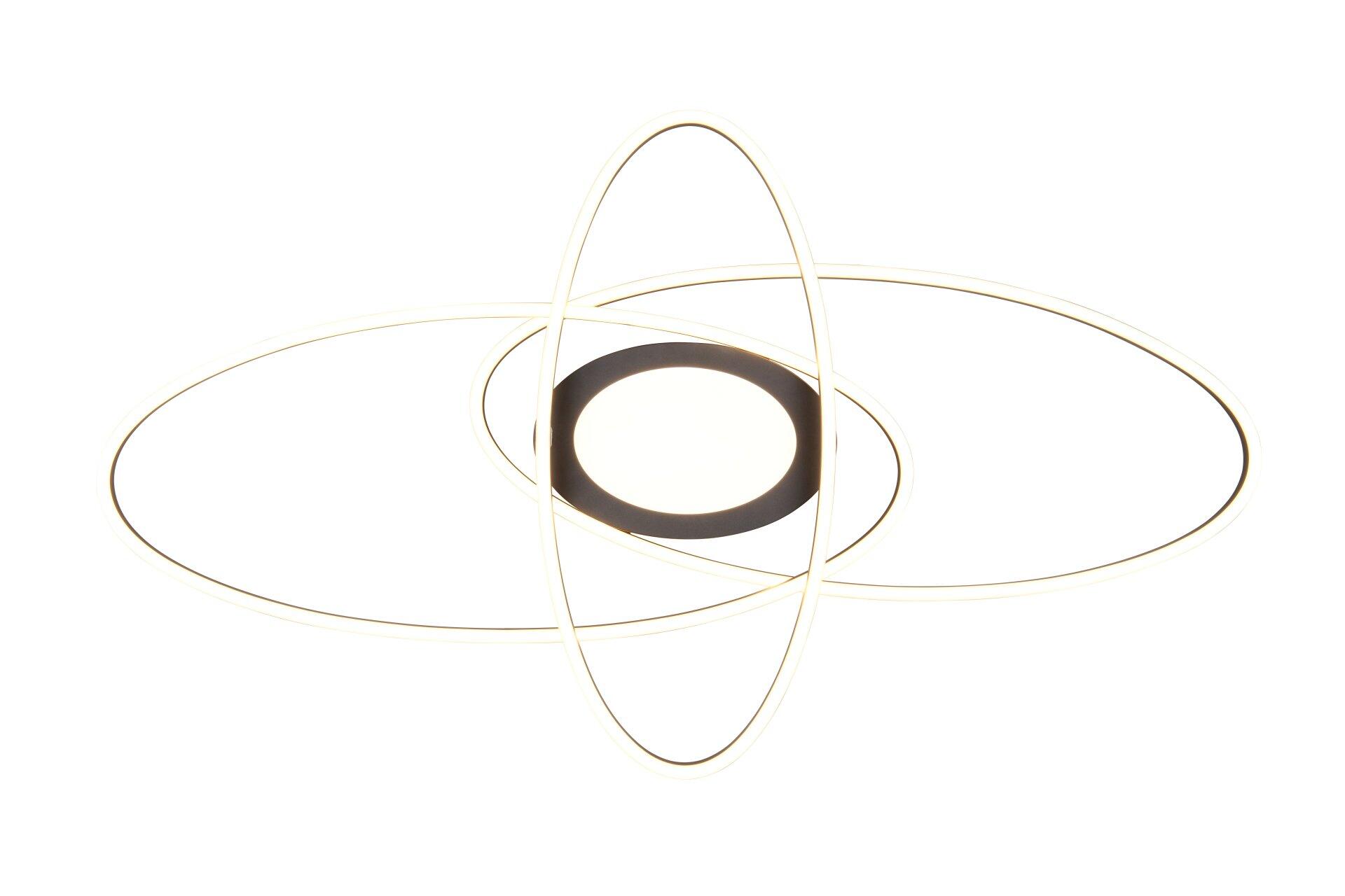 Deckenleuchte Ovine mit drei ellipsenförmigen, golden leuchtenden Ringen, die eine dynamische Form erzeugen und von innen beleuchtet wirken.