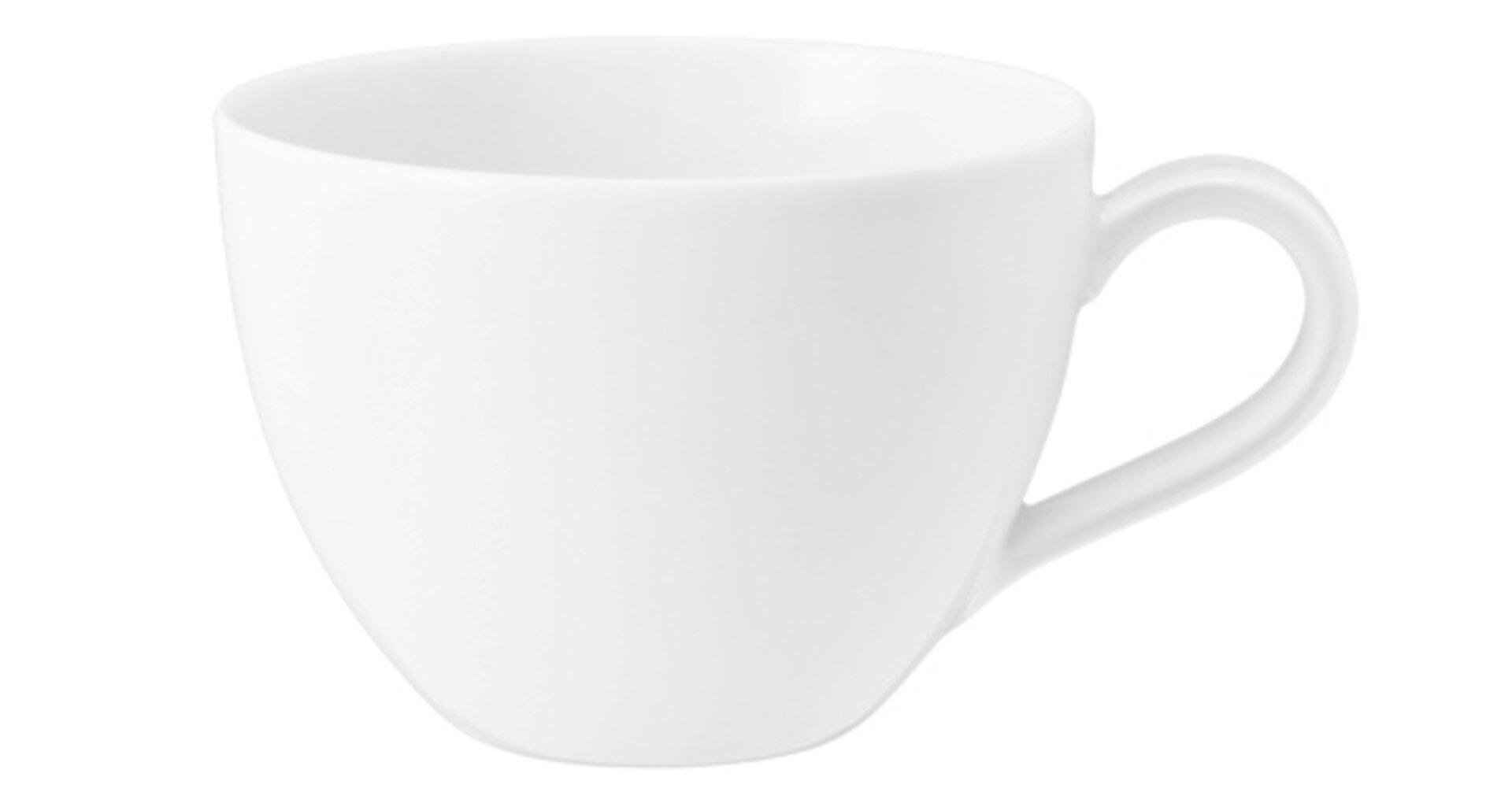 Weisse Kaffeeobertasse Beat mit schlankem, nach außen gebogenem Henkel, aus dreiviertelperspektive dargestellt.