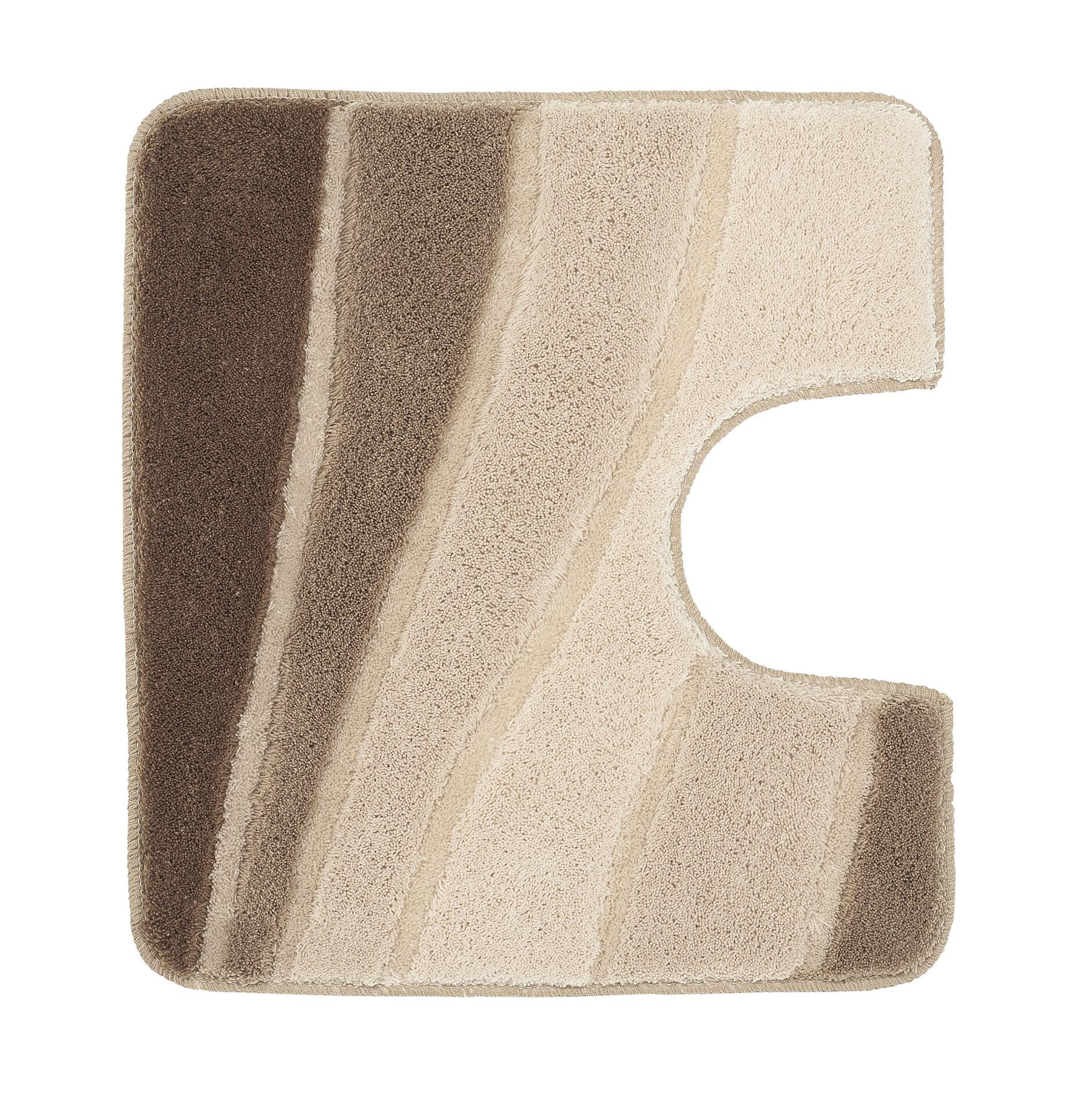 WC-Vorleger Ocean: Quadratischer Teppich mit vertikalen Farbstreifen in Dunkelbraun, Beige und Dunkelbraun, der durch eine leicht erhöhte Randgestaltung und eine diagonale Textur gekennzeichnet ist.