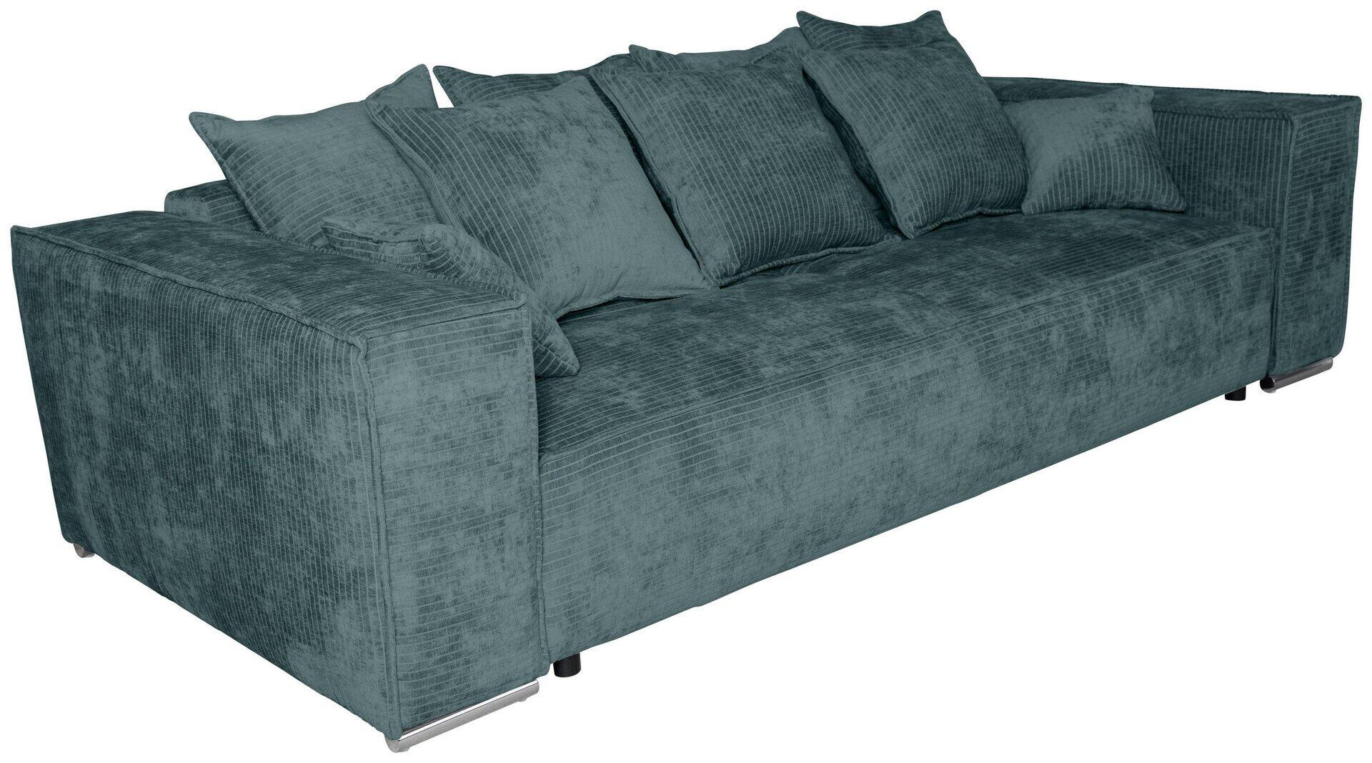Bigsofa Sky: Graugrünes Ecksofa mit chromfarbenen Metallfüßen, hochliegenden Rückenlehnen und Armlehnen in Seitenansicht.