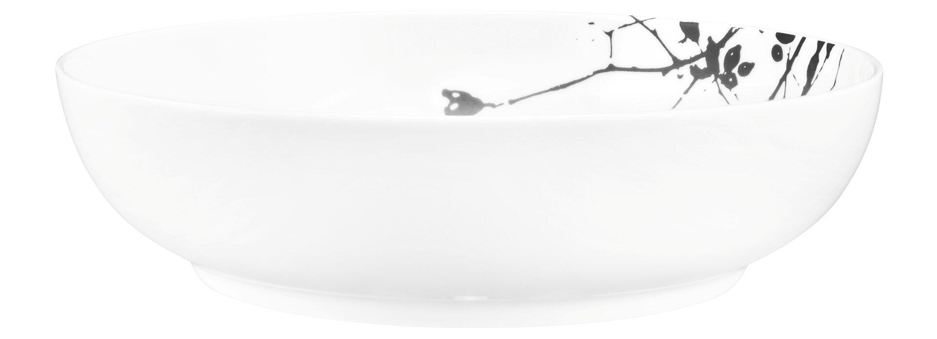 Weiße Foodbowl Liberty mit floralem Dekor Dark Rose Hip, in ¾-Perspektive, zeigt die breite Form und das künstlerische Motiv im Inneren.