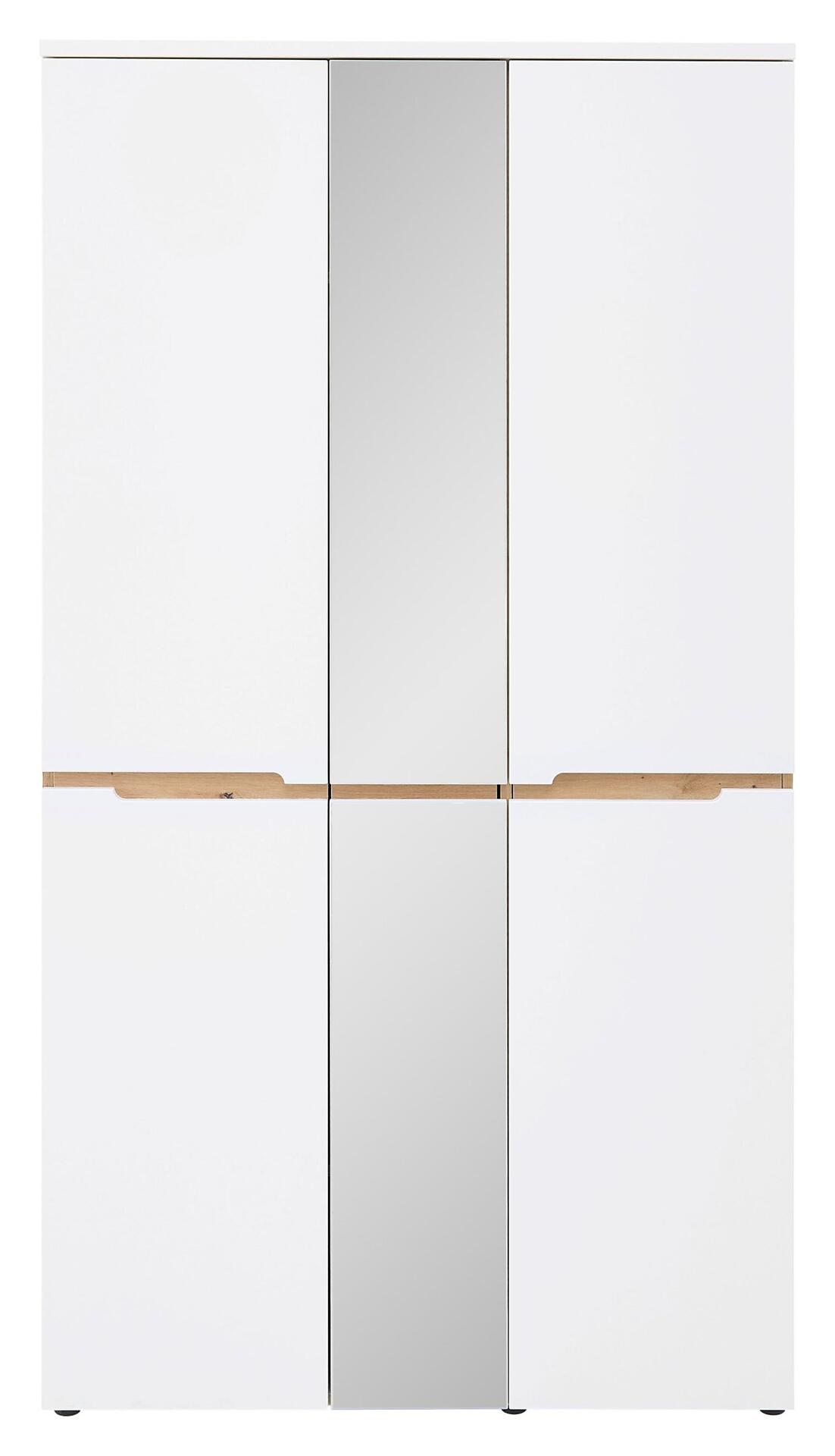 Garderobenschrank Memphis mit weißen Türen, einer Spiegeltür und horizontalen Griffleisten in Artisan Eiche Nb, stehend auf einem schwarzen Fuß.