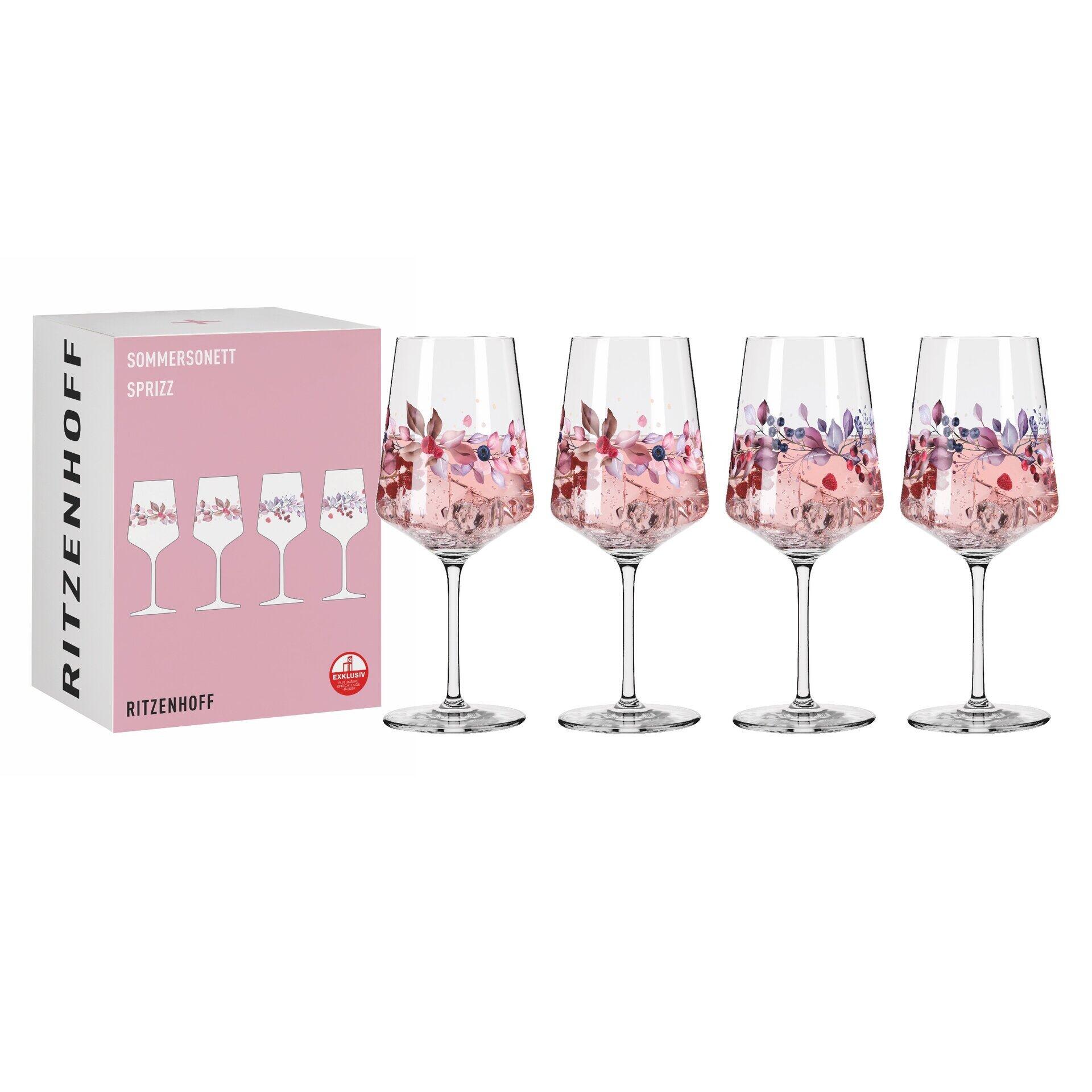 Vier elegante Aperitifgläser mit floralem Dekor, dargestellt in leicht schräger Perspektive auf einer Geschenkbox mit RITZENHOFF Logo und "SOMMERSONETT SPREZZ" Aufschrift.