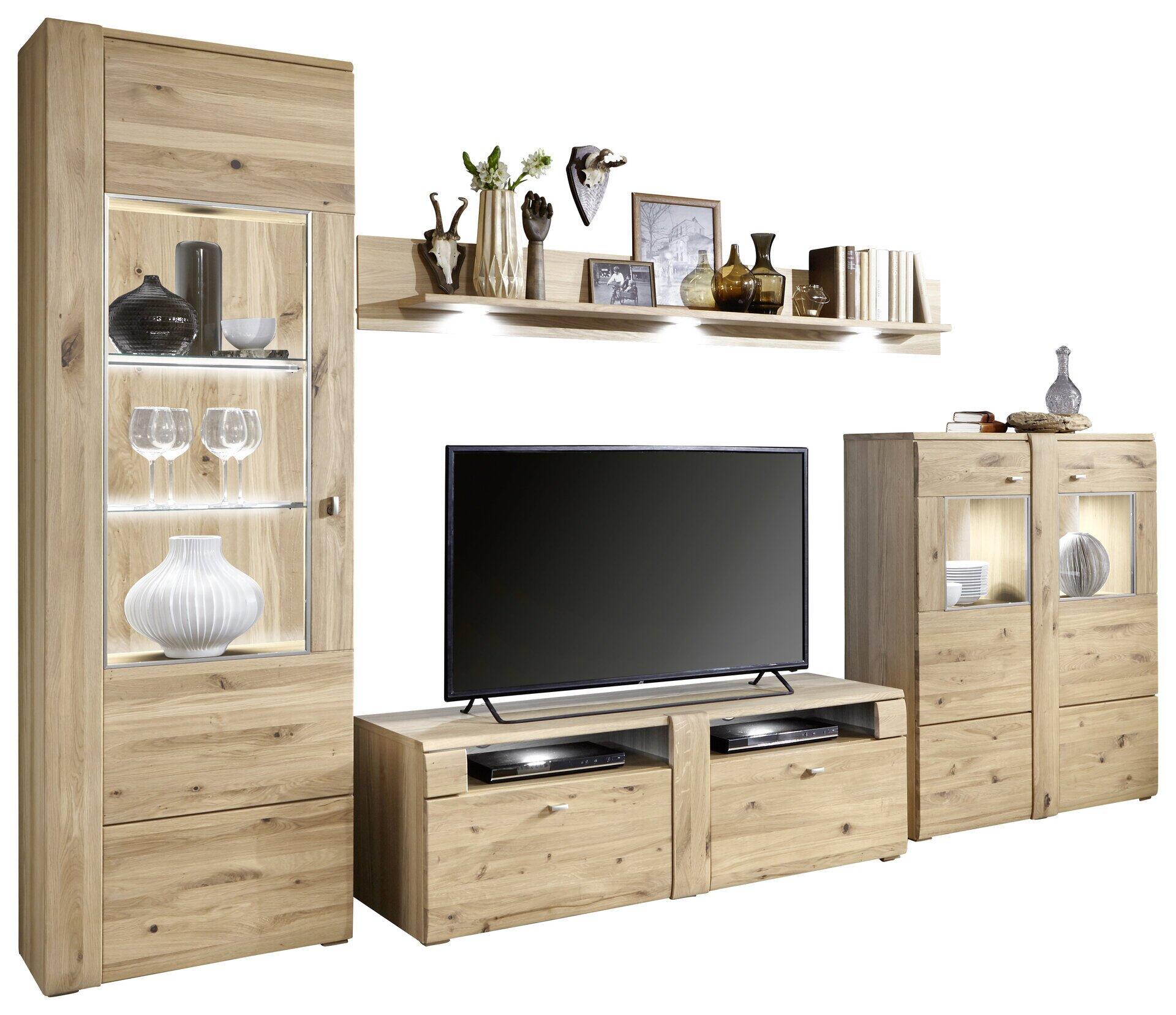 Moderne Wohnwand Colorado aus massivem, geöltem Alteichen mit Lowboard, zwei Sideboards mit Glastüren, Schubladen und schwebendem Hängeregal für dekorative Elemente.