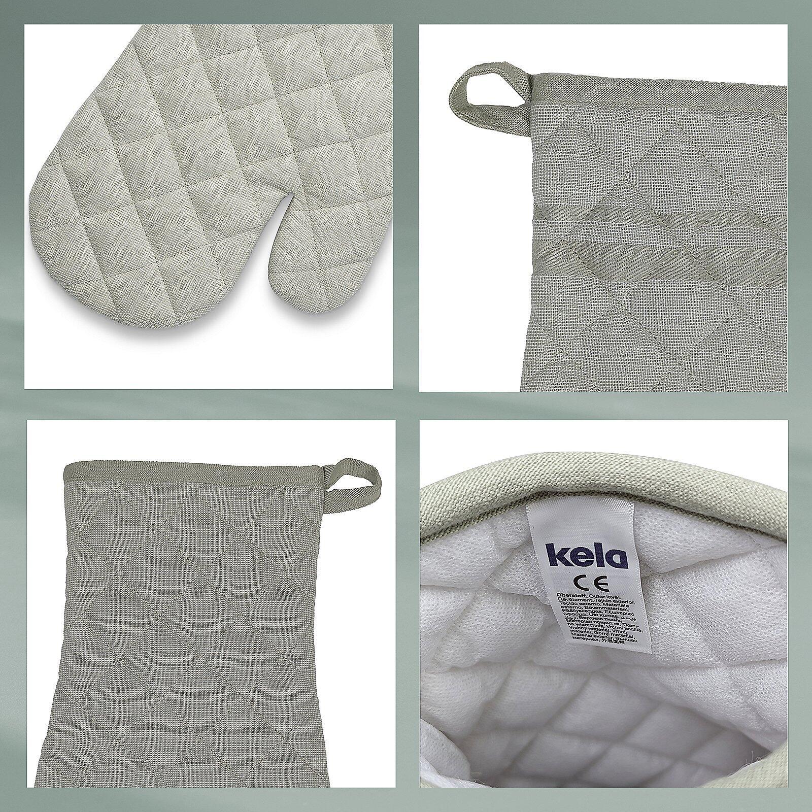 Heller, grauer Topfhandschuh „Tia“ mit Karomuster und Aufhängeschlaufe, Detailaufnahme des Innenraums mit Pflegeetikett.