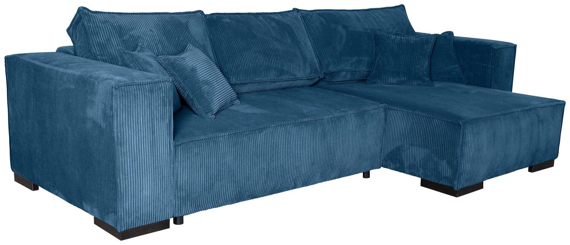 Blaue Samt-Eckcouch "Mango" mit tiefen Sitzflächen, hohen Rückenlehnen und schmalen, schwarzen Füßen, die einen rechten Winkel bilden.