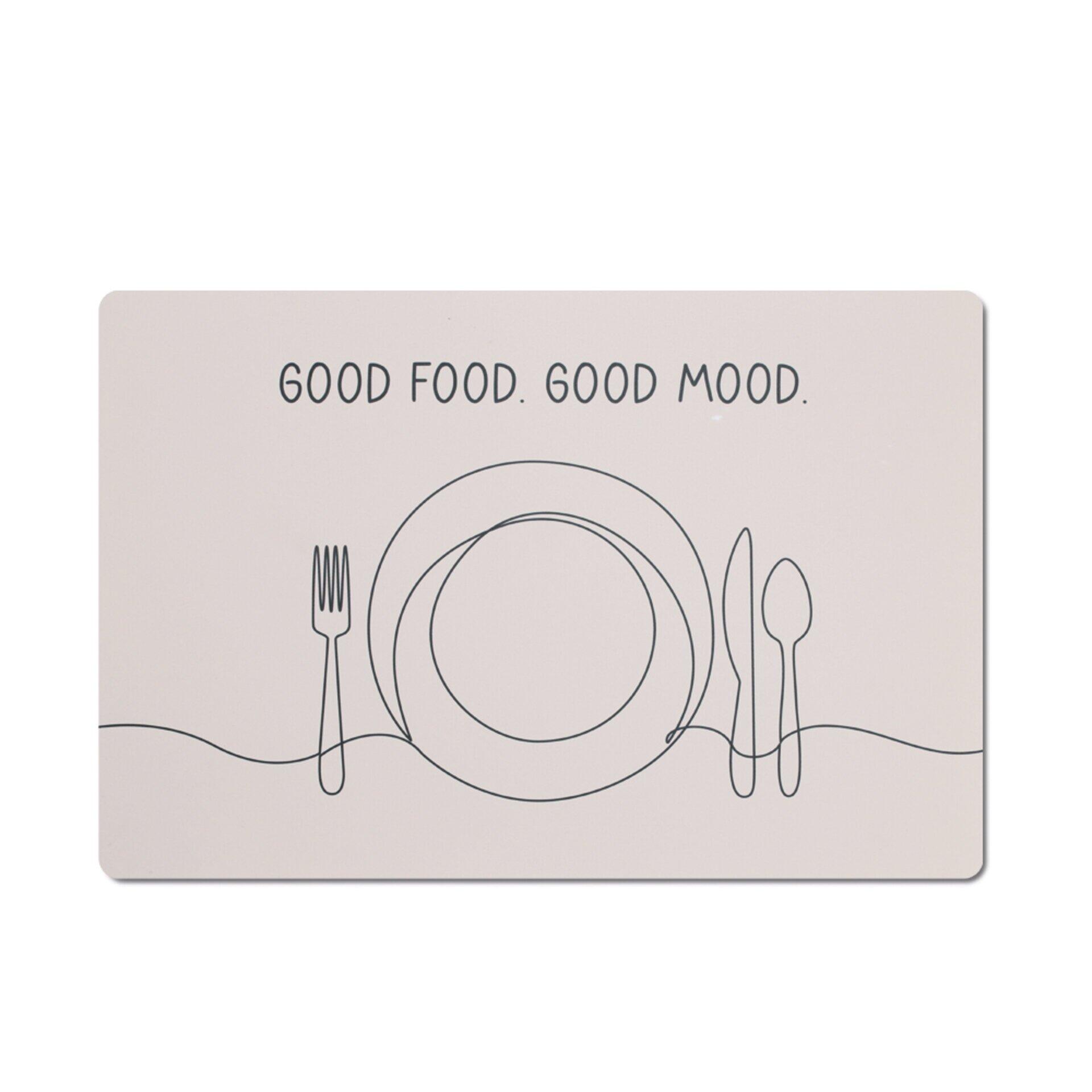 Graues Platzset mit stilisierter Besteck- und Geschirr-Darstellung und dem Aufdruck "GOOD FOOD. GOOD MOOD.".