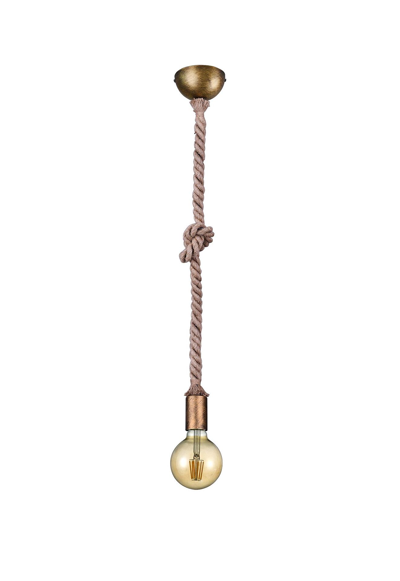 Pendelleuchte Rope mit messingfarbener Deckenbefestigung, braunem Seil und Edison-Glühbirne, dargestellt in Frontalansicht vor weißem Hintergrund.