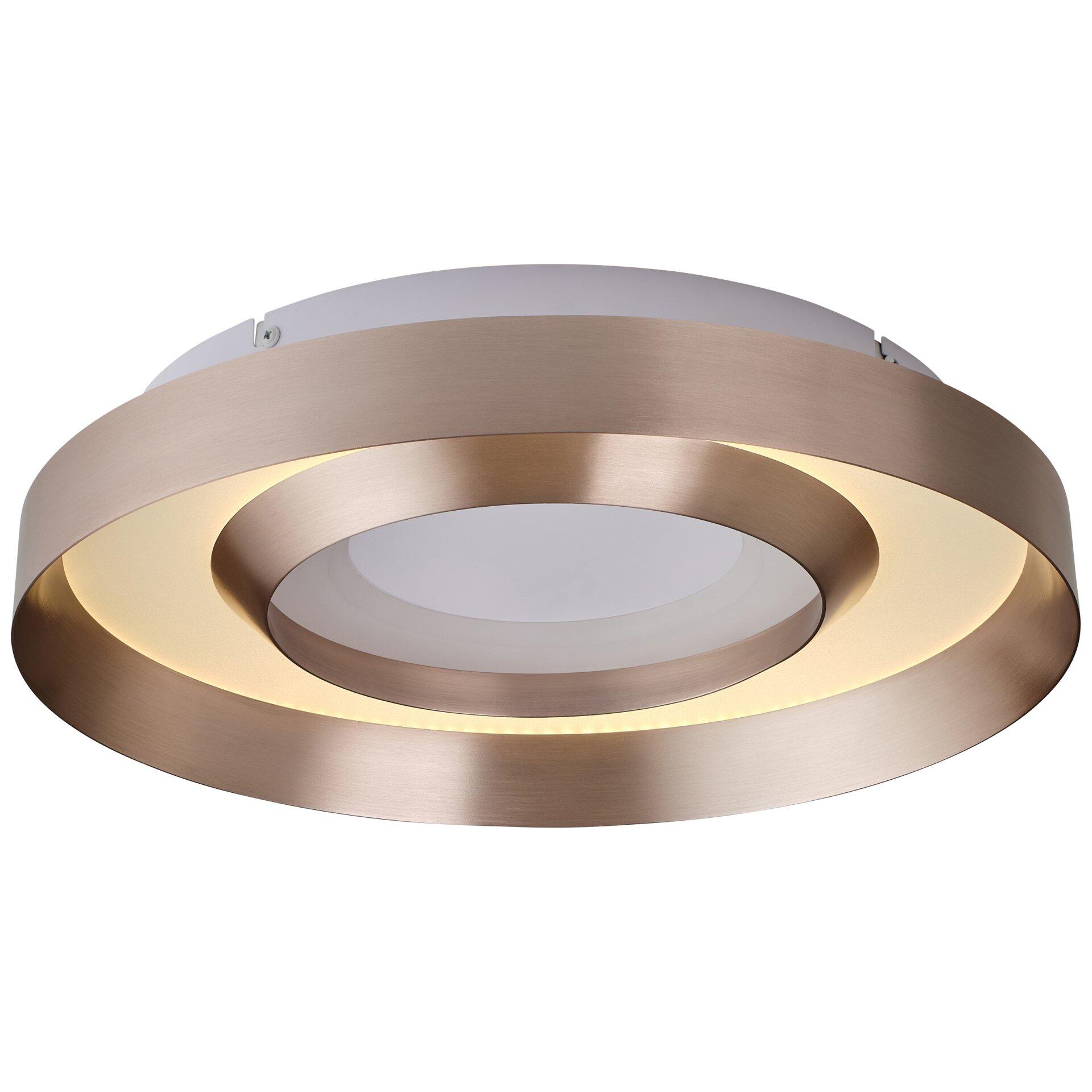Deckenleuchte Onix mit konzentrischen, kupferfarbenen Ringen und dimmbarer LED-Leuchtfläche.