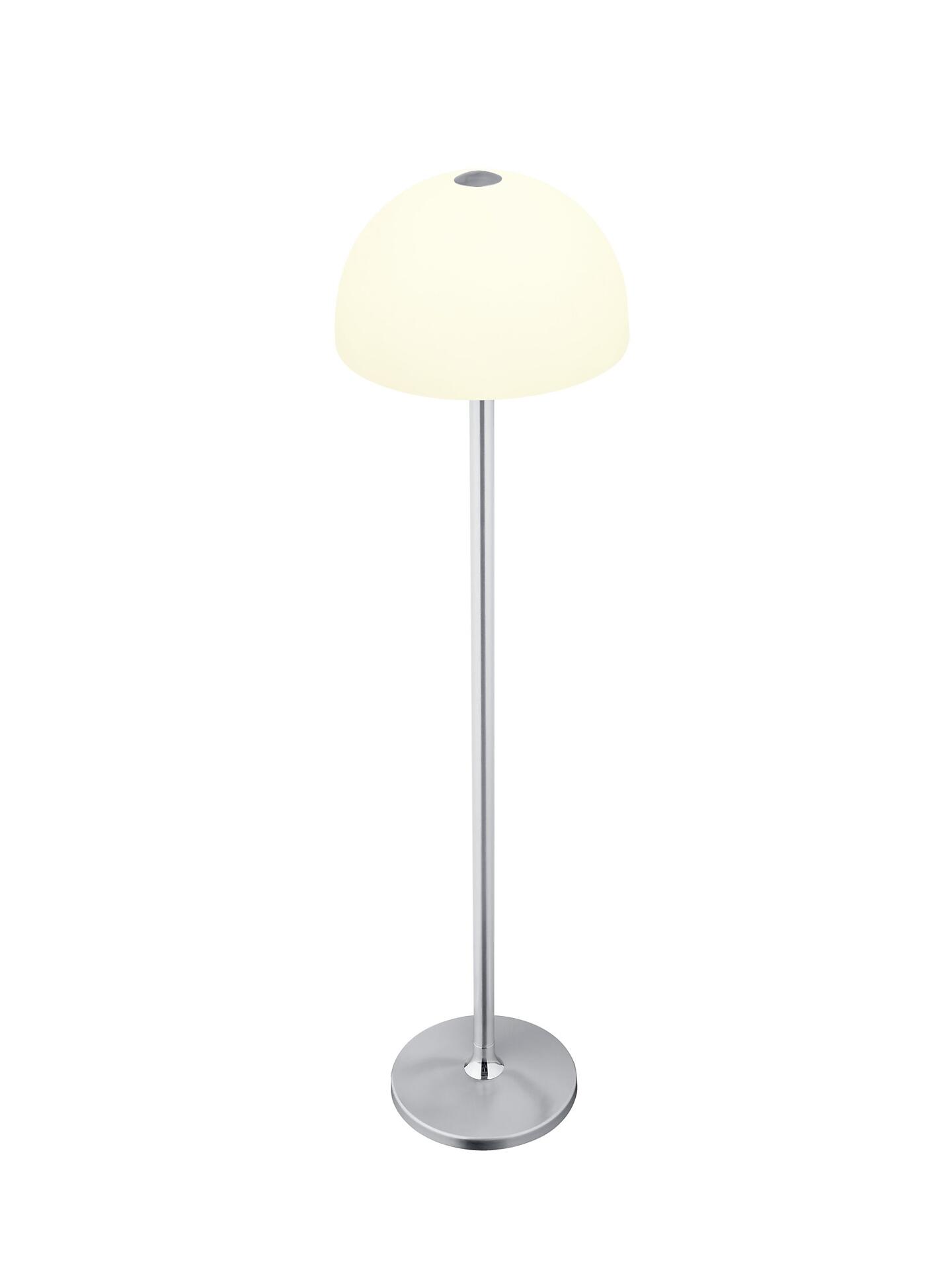 Stehleuchte Moon mit weißem Glasschirm und Fußtrittschalter, frontale Ansicht zeigt das diffuse Licht und die halbkugelförmige Schirmform.