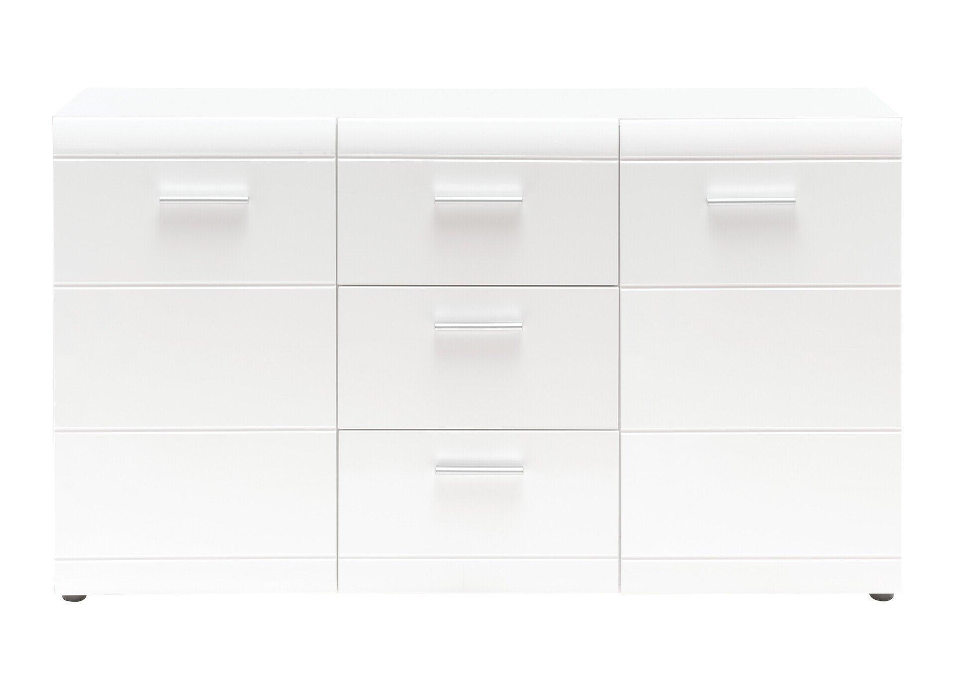 Weißes Sideboard Adana mit sechs Schubladen, tiefgezogenen Kanten und horizontalen Griffen in Frontalperspektive.