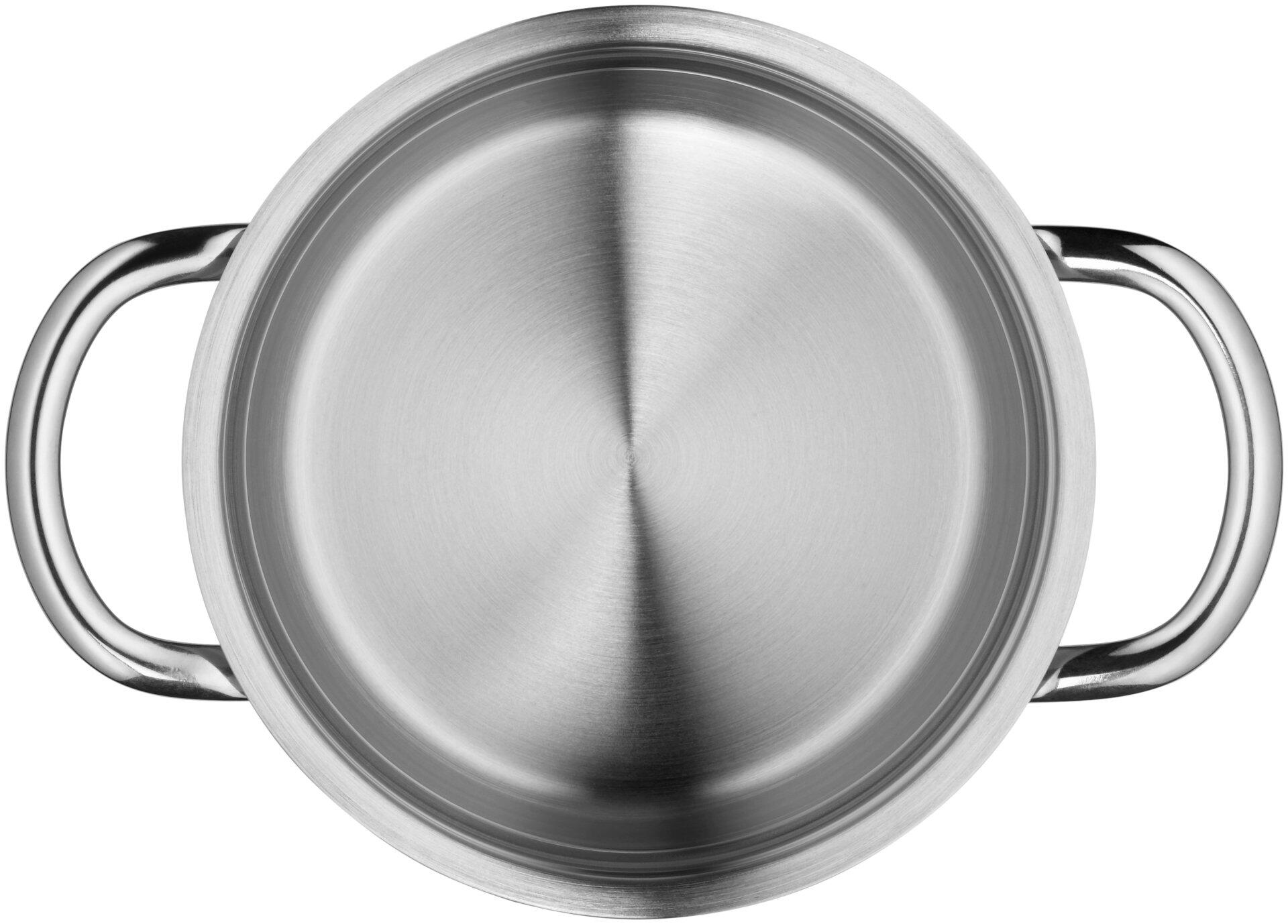 Fleischtopf Mini von WMF: Vogelperspektive eines runden Edelstahl-Kochtopfes mit Deckel, gewölbtem Boden und zwei gebogenen Griffe.