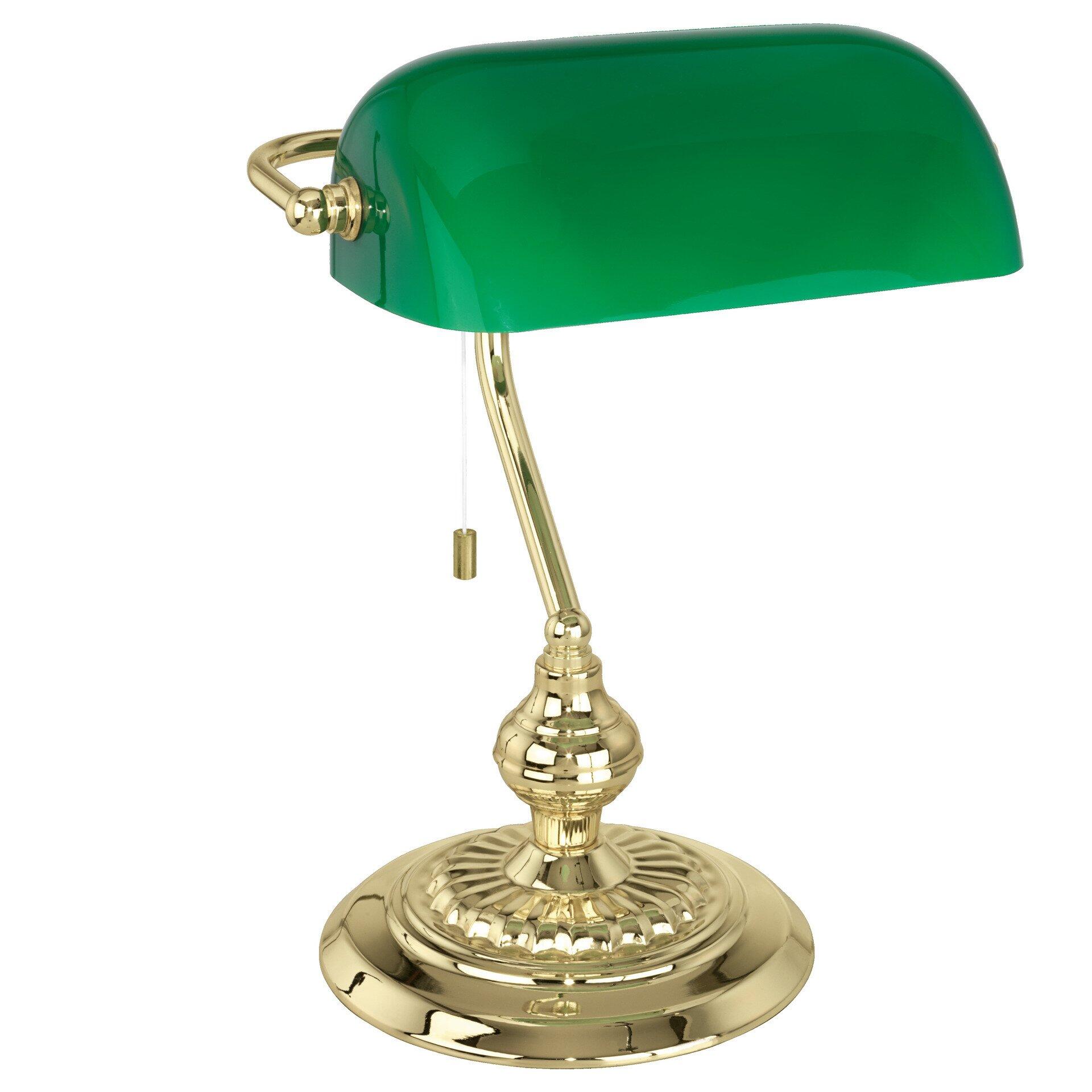 Banker Tischleuchte von Eglo mit grünem, konischem Glas, goldenem Rand und gebogenem Arm mit zwei Reglern für Helligkeit und Position.