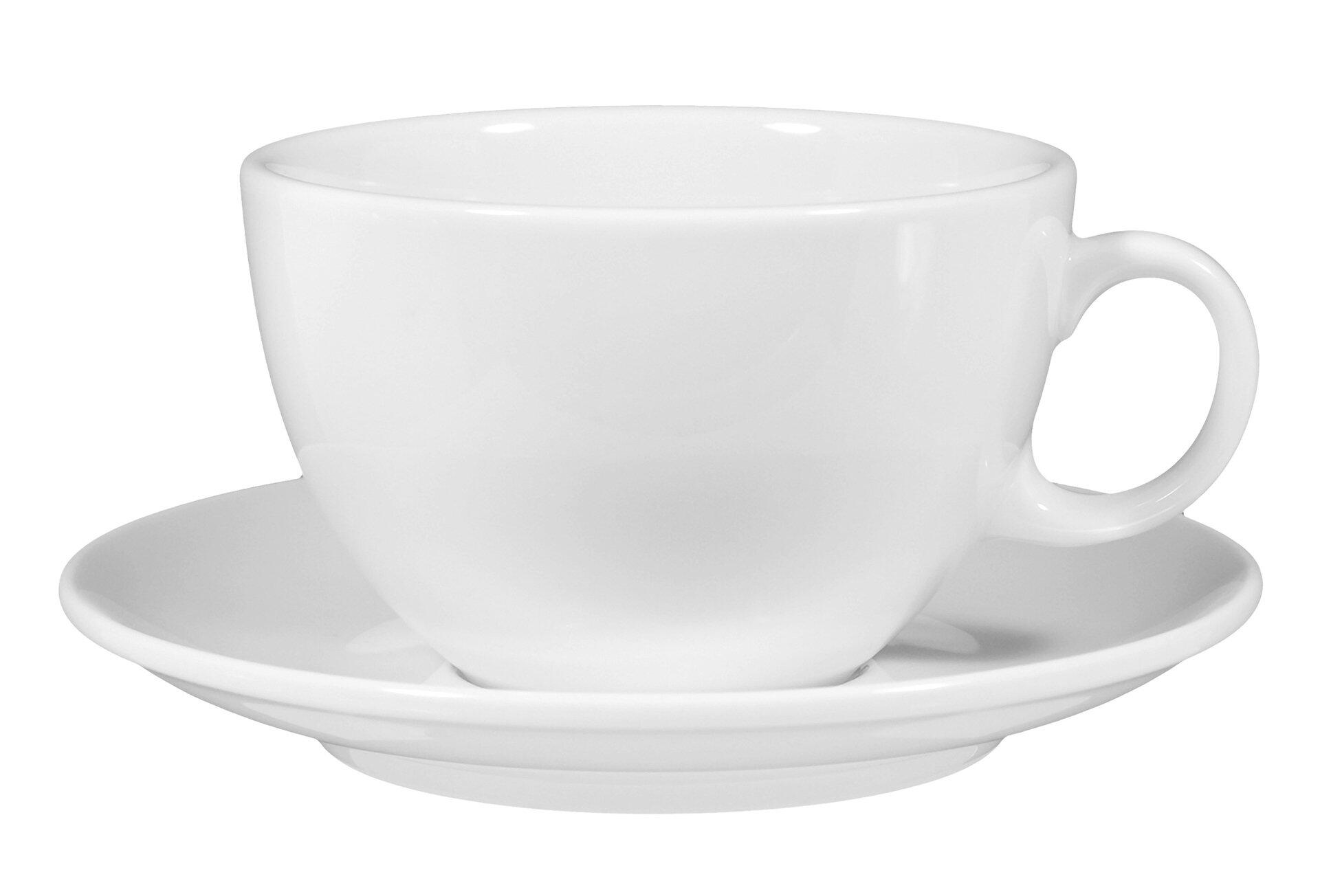 Weißglänzende Milchkaffeetasse VIP mit Untertasse aus der Vogelperspektive, die die bauchige Form, den gebogenen Rand und den schlanken Henkel detailliert zeigt.