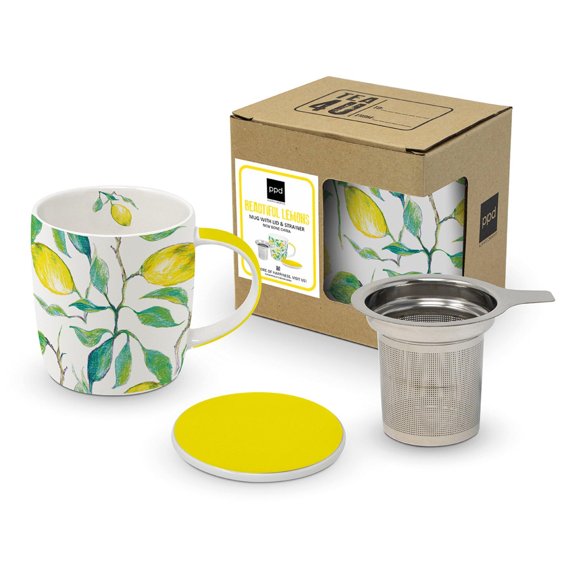 PO T-Mug CB mit Deckel und Teesieb, verziert mit Zitronenmotiv, aus der Seitenperspektive.