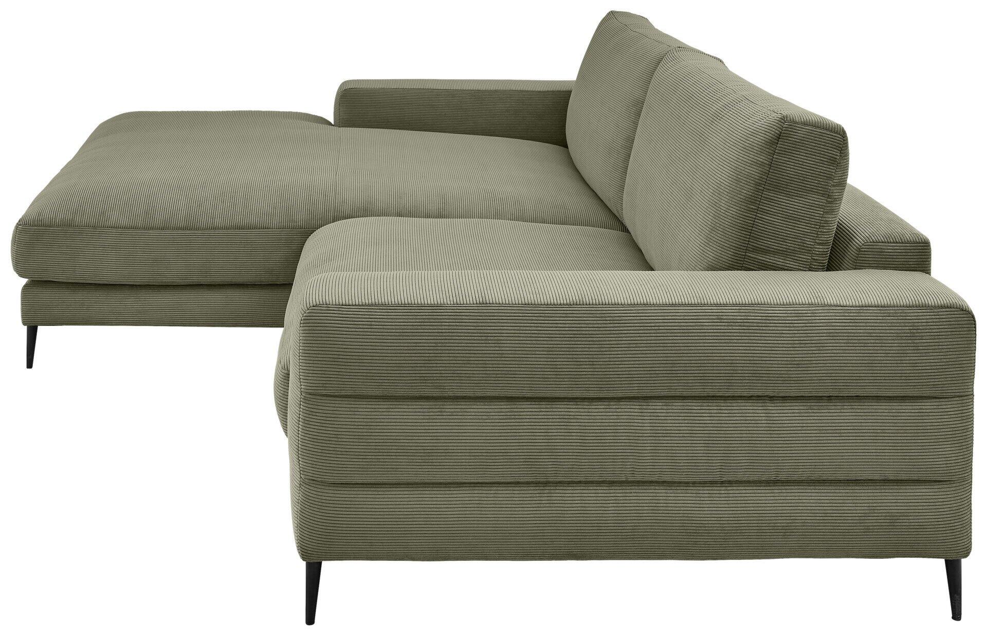 Eck-Loungesessel Badia Base 2.0 in Olivgrün mit strukturierter Oberfläche, flacher Sitzfläche, hochgezogenen Kissen und schmalen, dunklen Metallfüßen, aus Seitenansicht dargestellt.