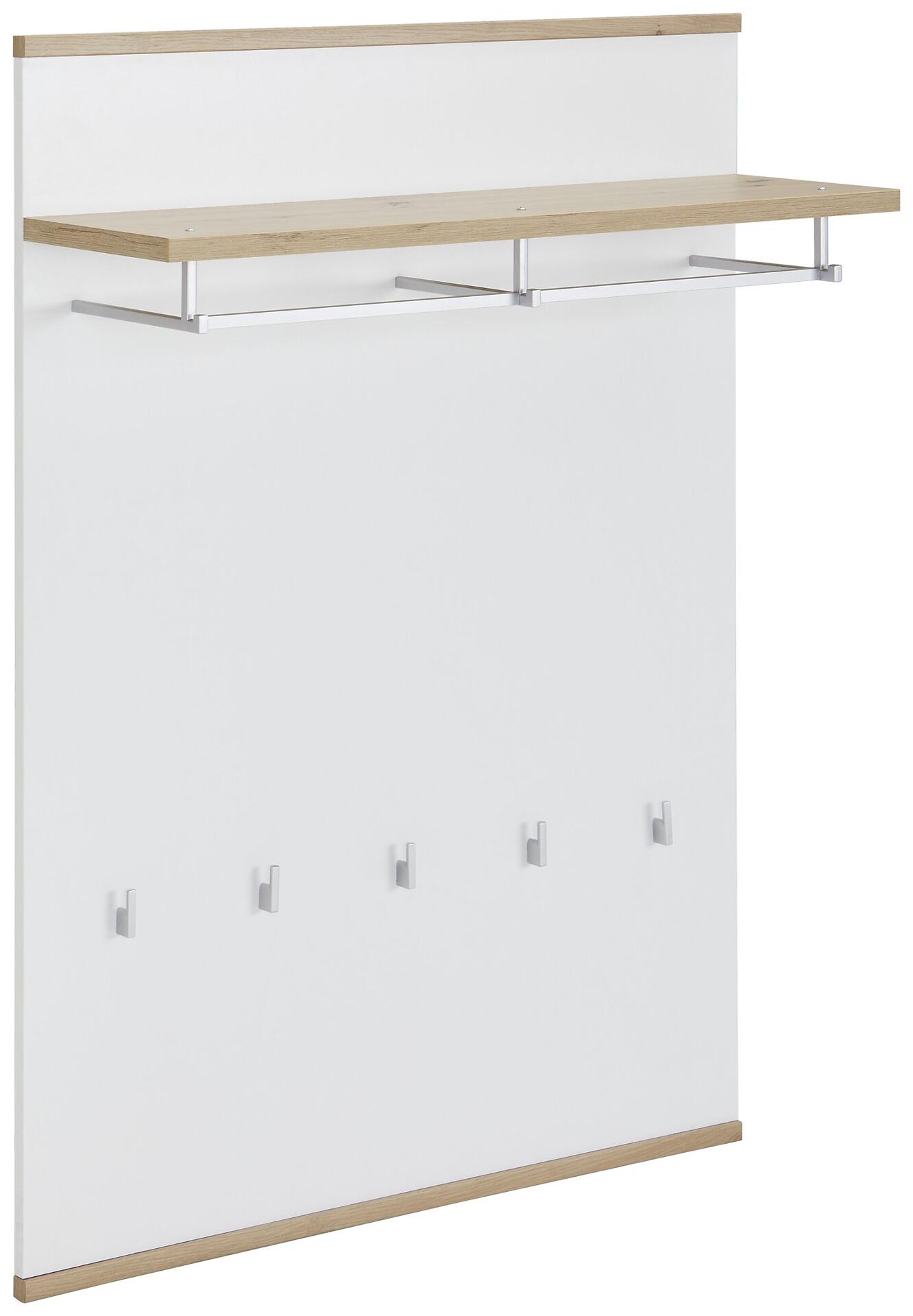 Wandgarderobe Yamael mit weißem Korpus, horizontaler Ablage, vier Haken und Kleiderstange in Frontperspektive.