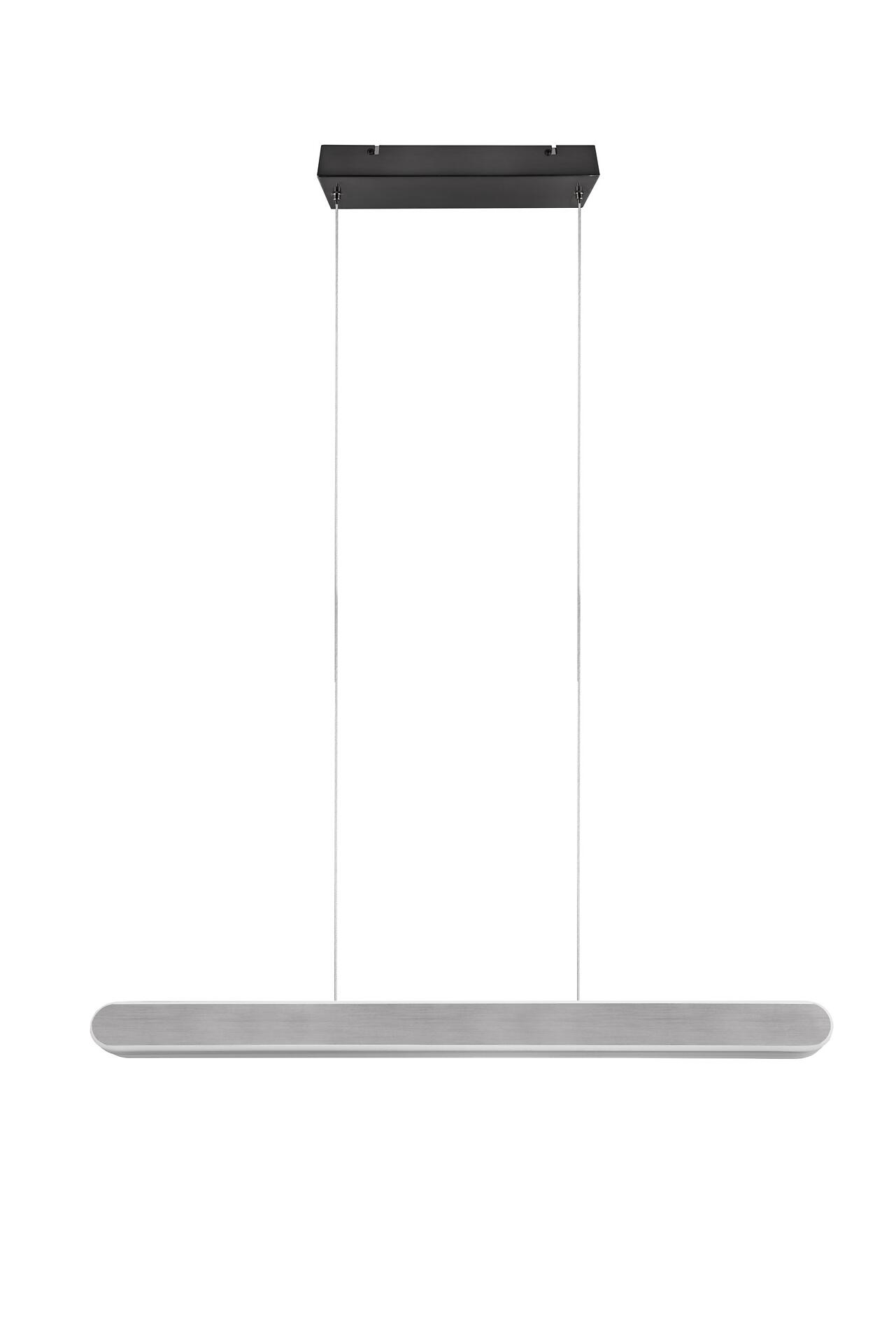Pendelleuchte Helios mit mehreren horizontalen Elementen in Silber und Schwarz, die in Frontalperspektive gegen einen weißen Hintergrund dargestellt ist.