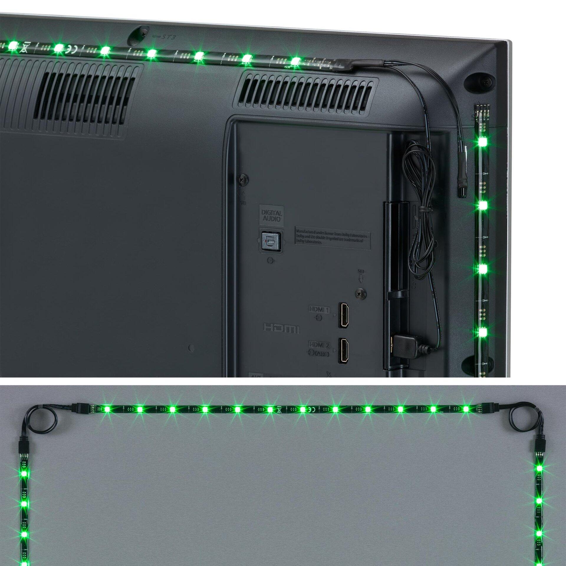BRILO LED Band für TV, Rückansicht mit sichtbaren HDMI- und Audioanschlüssen sowie grüner LED-Rückbeleuchtung.