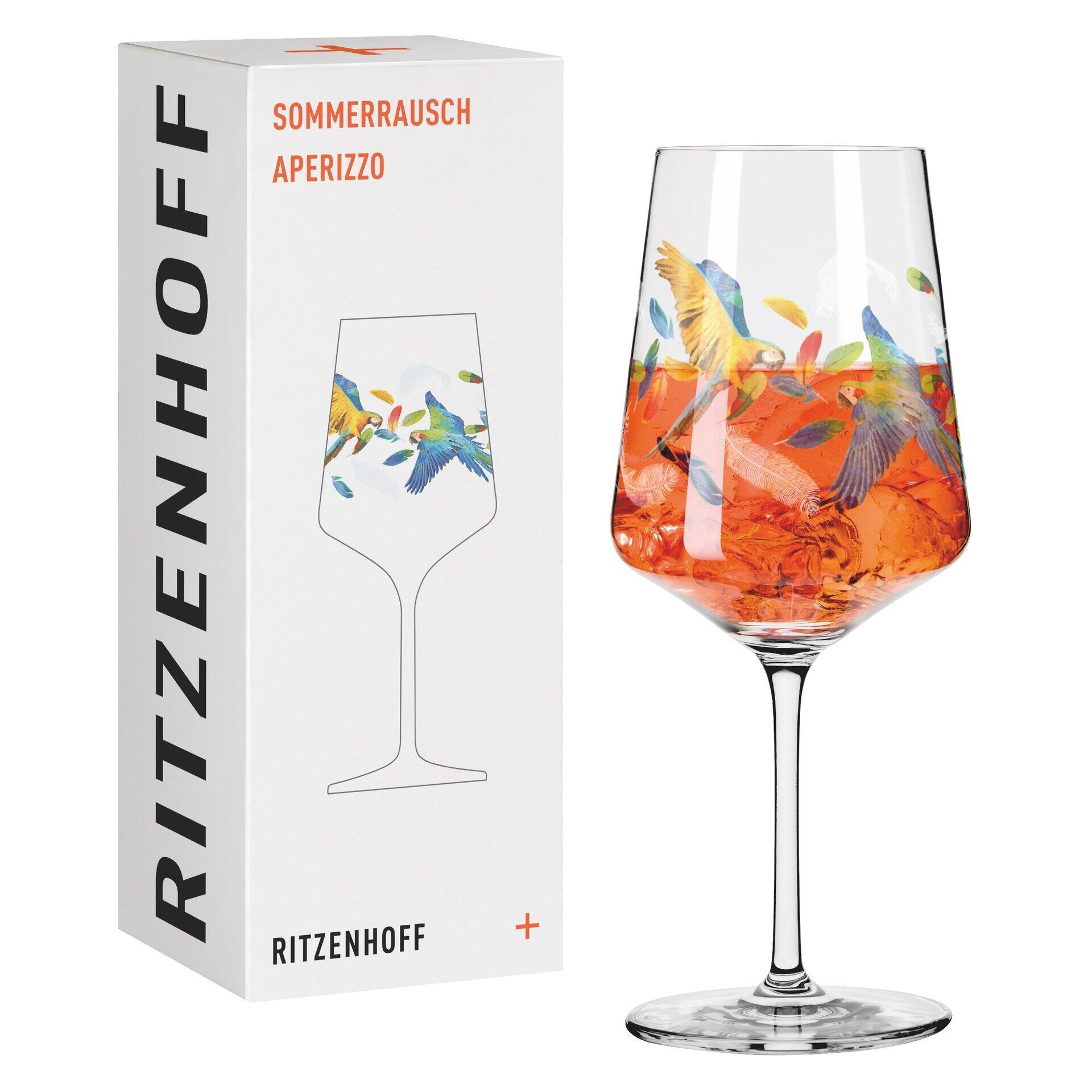Aperitifglas mit farbenfrohem Papageien-Motiv, gefüllt mit rotem Aperitivo, in Geschenkverpackung von RITZENHOFF.