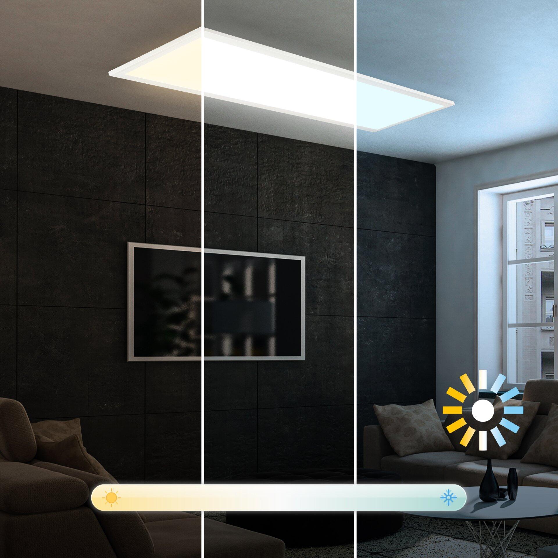 Deckenleuchte Panel Piatto mit rechteckiger Form, flachem Design und blendfreiem Licht, dargestellt aus einer unteren Perspektive in einem modernen Wohnzimmer.