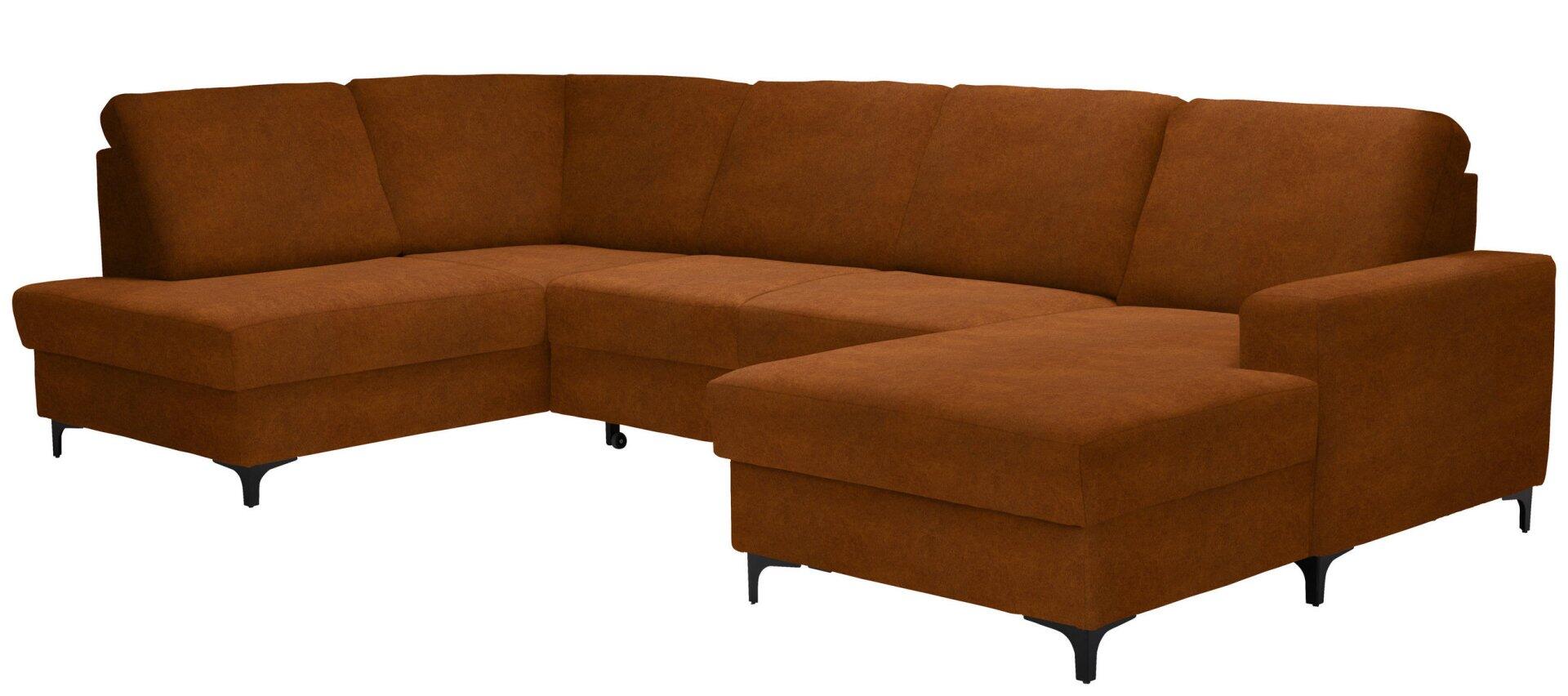 Wohnlandschaft Balina im orangebraunen Farbton mit U-Form, ausziehbarer Liegefläche und schwarzen Metallfüßen, aus seitlicher Perspektive dargestellt.