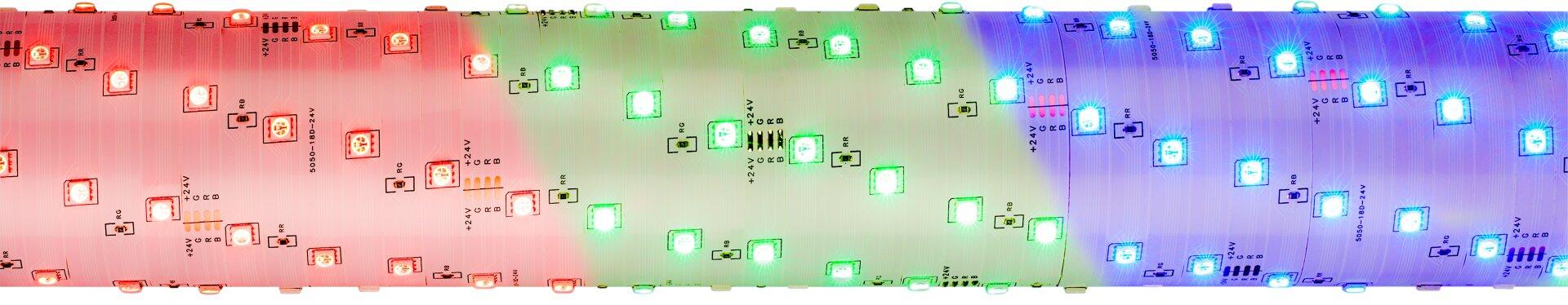 LED Band Stripe mit RGB-LEDs in roten, grünen und blauen Bereichen, aus der Vogelperspektive sichtbar.