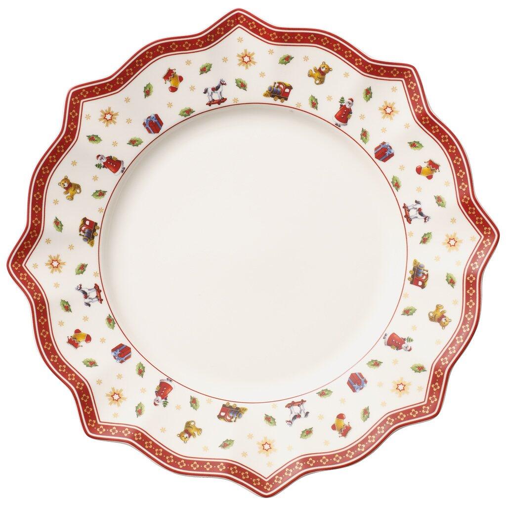 Weihnachtlicher Speiseteller von Toy's Delight mit gewelltem Rand in Rot und Grün, verziert mit goldenen Sternen und weihnachtlichen Motiven aus der Vogelperspektive.