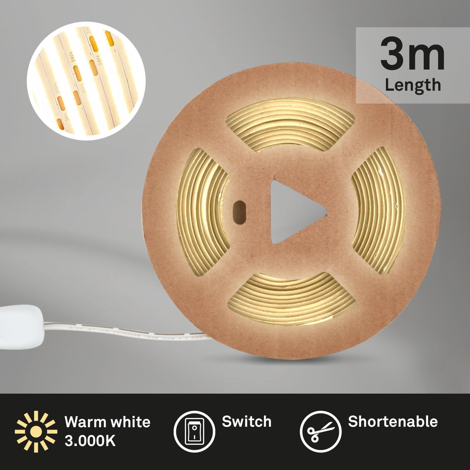 LED Band BRILO, Rolle mit warmweißen (3000K) LED-Leuchtstreifen, Länge 3 Meter, mit Symbolen für Schalter, Kürzbarkeit und Steuergerät.