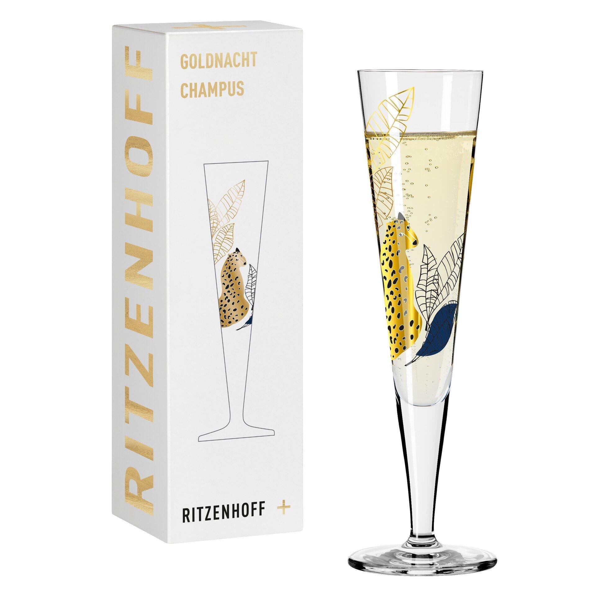 Champagnerglas mit elegantem Kelch, goldenem Blattdekor und RITZENHOFF GOLDNACHT CHAMPUS Geschenkbox.