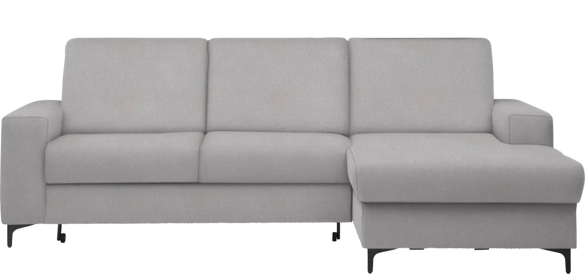 Graues Ecksofa Balina in Frontalperspektive mit ausgezogener Schlaffunktion und schwarzen Metallfüßen.
