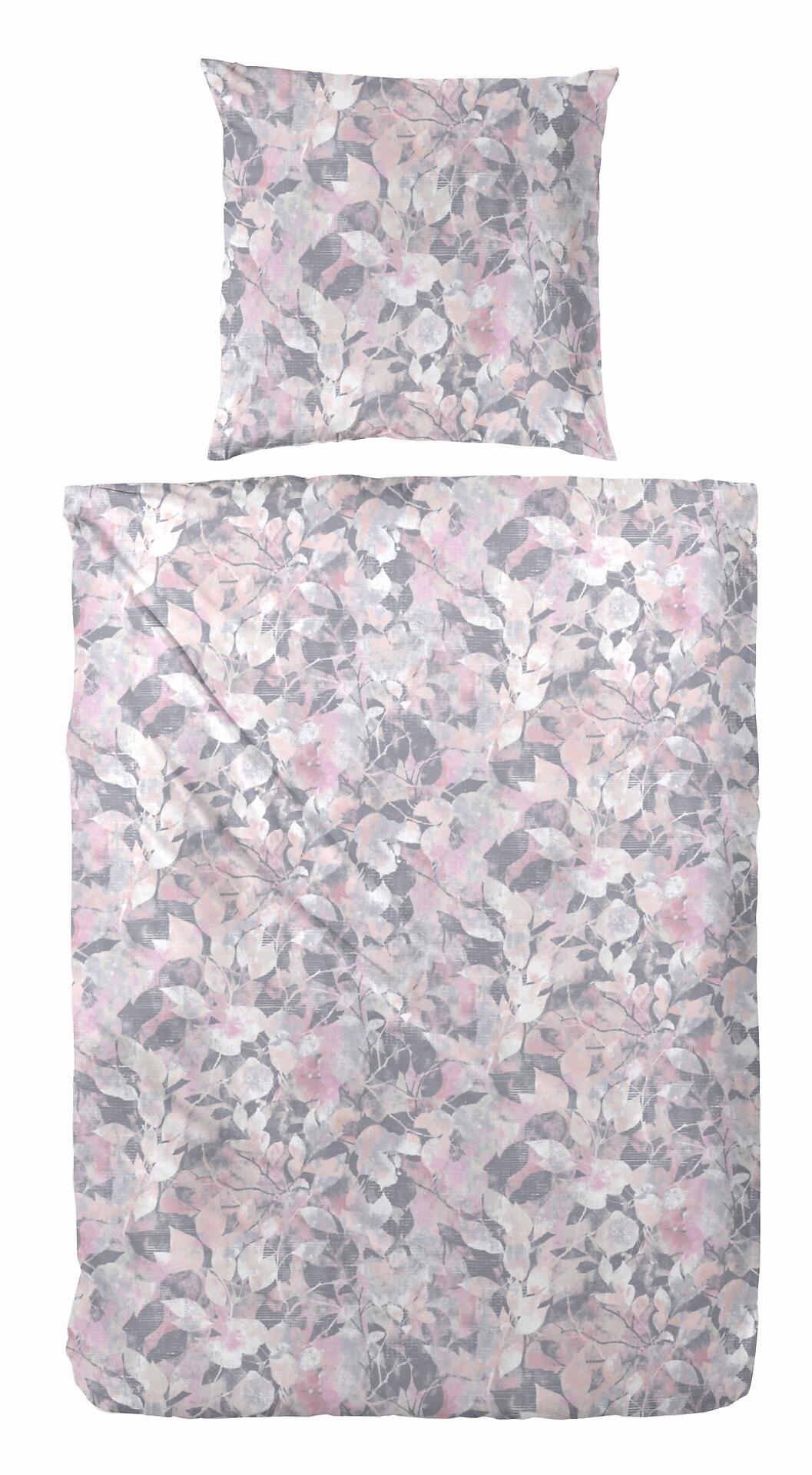 Grau-rosa Mako-Satin-Bettwäsche aus Baumwolle mit floralem Muster in Draufsicht.