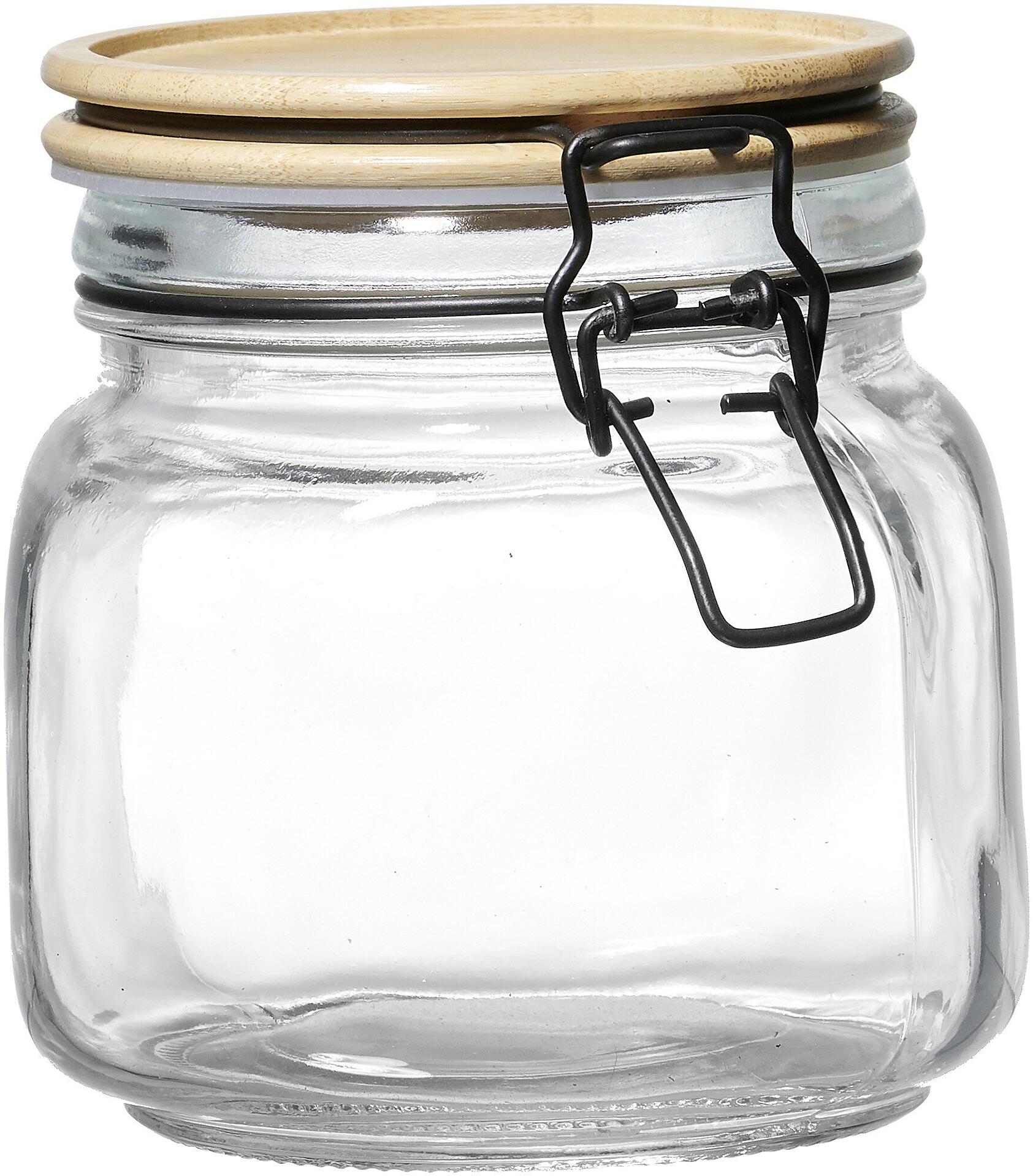 Vorratsglas Esperanza im 3/4-Profil mit zylindrischer Form, konischer Fassung, silberfarbener Metallkante und Holzdeckel mit schwarzer Metallklammer zur sicheren Versiegelung.
