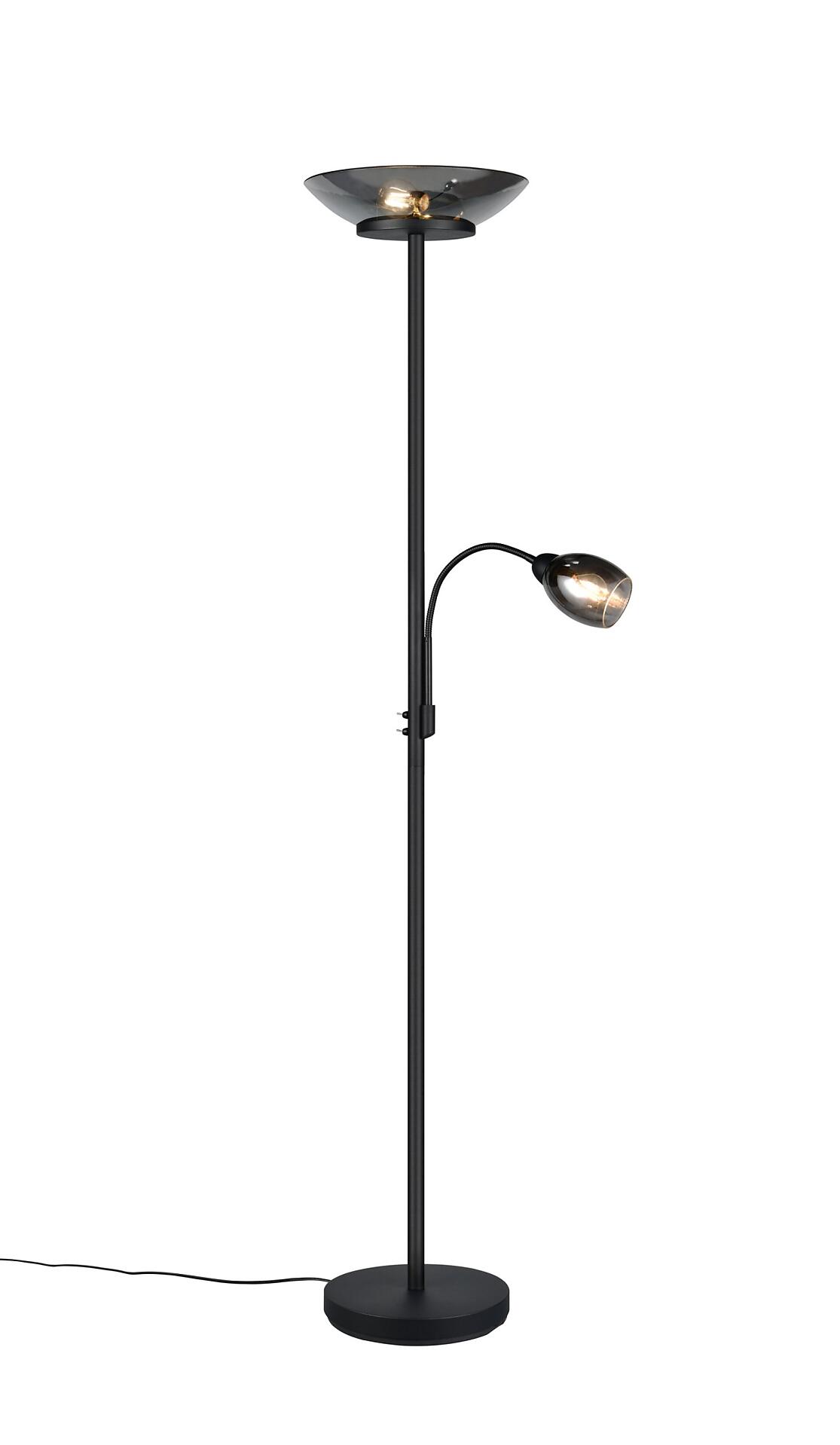 Stehleuchte Gerry mit schwarzem Metallfuß, zwei separaten Lampenkopfen – einem großen, tellerförmigen Schirm und einem beweglichen Arm mit kugelförmiger Lampe für gezielte Beleuchtung.