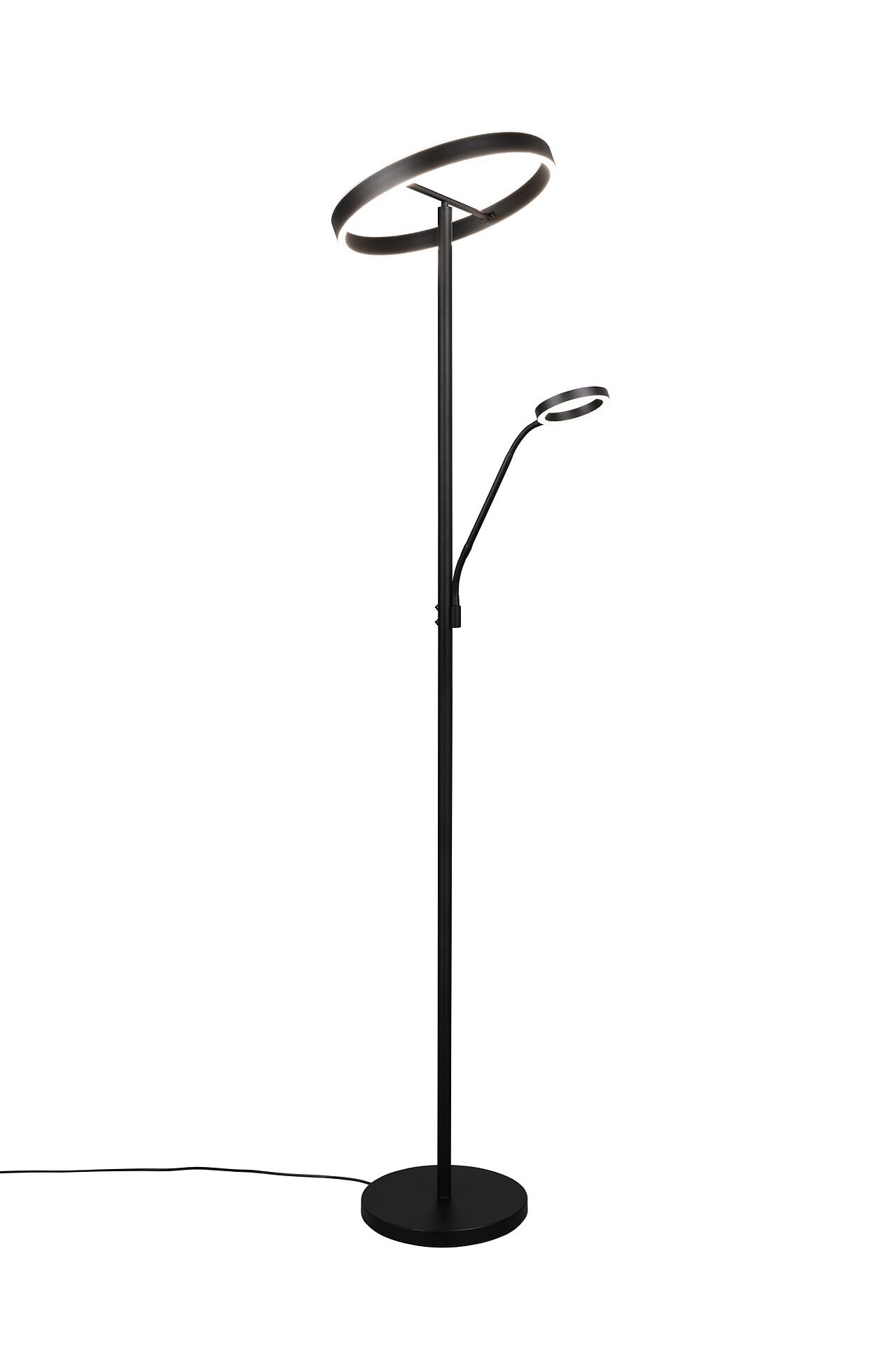Stehleuchte Willis mit flexiblem Arm und LED-Ring, die aus einem leicht erhöhten Blickwinkel ihre Höhenverstellbarkeit und modernes Design zeigt.