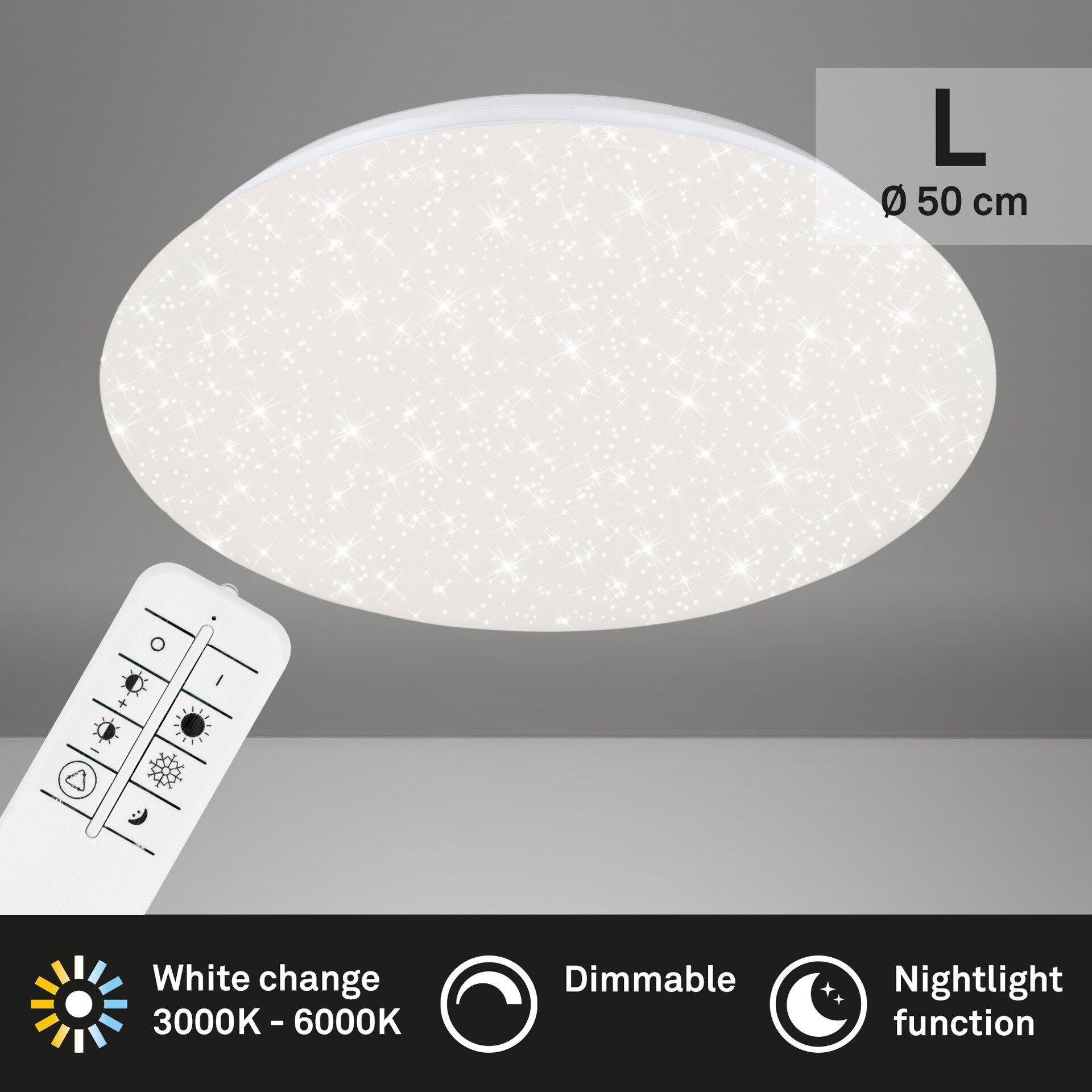 Deckenleuchte BRILO mit Fernbedienung zur Steuerung von Helligkeit, Farbtemperatur, Nachtlichtfunktion und verschiedenen Lichtmodi, dargestellt in einer detaillierten Drahtbildeinstellung.