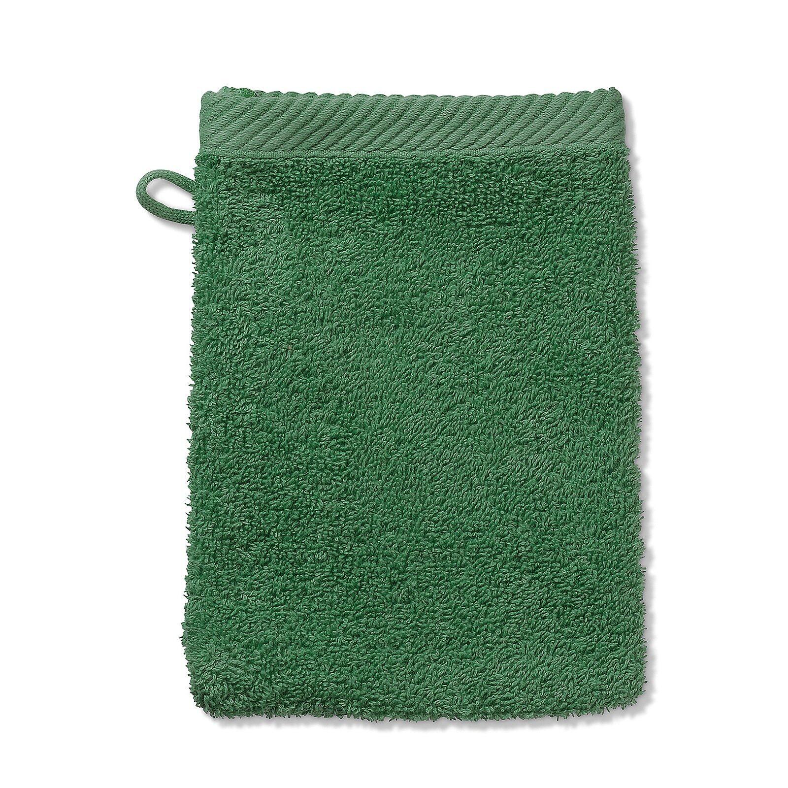 Grüner Ladessa Waschhandschuh mit rauer Textur und Aufhängeschlaufe, frontal auf weißem Hintergrund abgebildet.