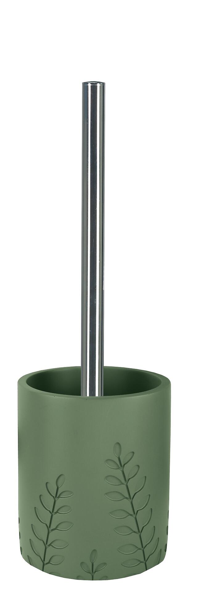 WC-Bürstenhalter Brace aus Olivgrünem Eco-Polyresin mit dekorativem Blattmuster, Vogelperspektive, zeigt den zylindrischen Halter mit integriertem Stiel.