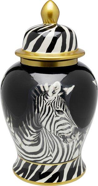 Vase Zebra Face: Zylindrische Porzellanvase mit schwarzem Unterteil, Deckel mit goldenem Rand und Knauf, und auffälligem Schwarz-Weiß-Zebra-Muster, wobei der Zebra-Kopf im Vordergrund steht.