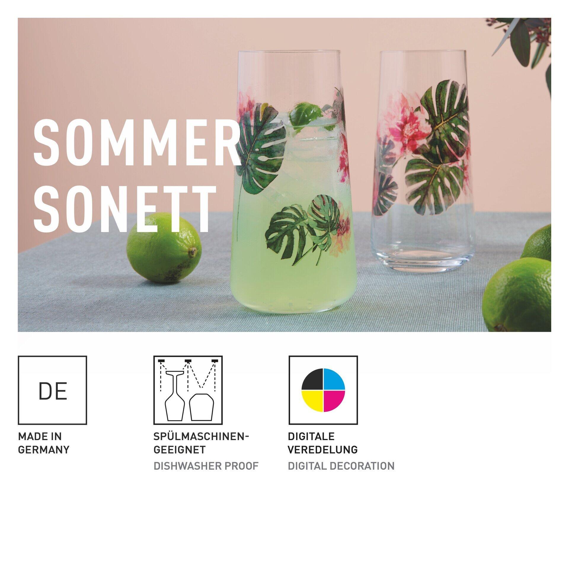 Zwei hohe Universal-Gläser, gefüllt mit grünem Getränk, präsentiert auf einer Tischplatte mit sommerlichen Blättern und Limetten, verpackt in einer attraktiven Geschenkbox.