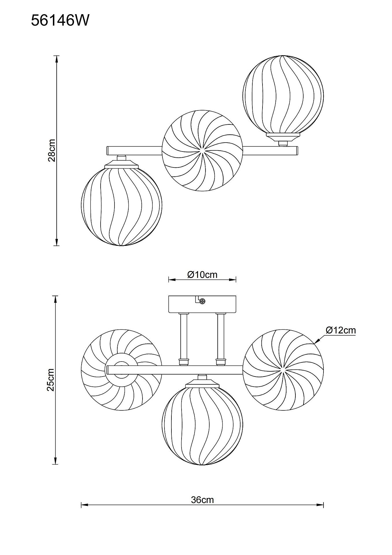 Technische Zeichnung der Wandleuchte CONOR mit sechs kugelförmigen Lampenschirmen unterschiedlicher Größe (10 cm und 12 cm Durchmesser), die an einem gebogenen Metallgestell angeordnet sind.