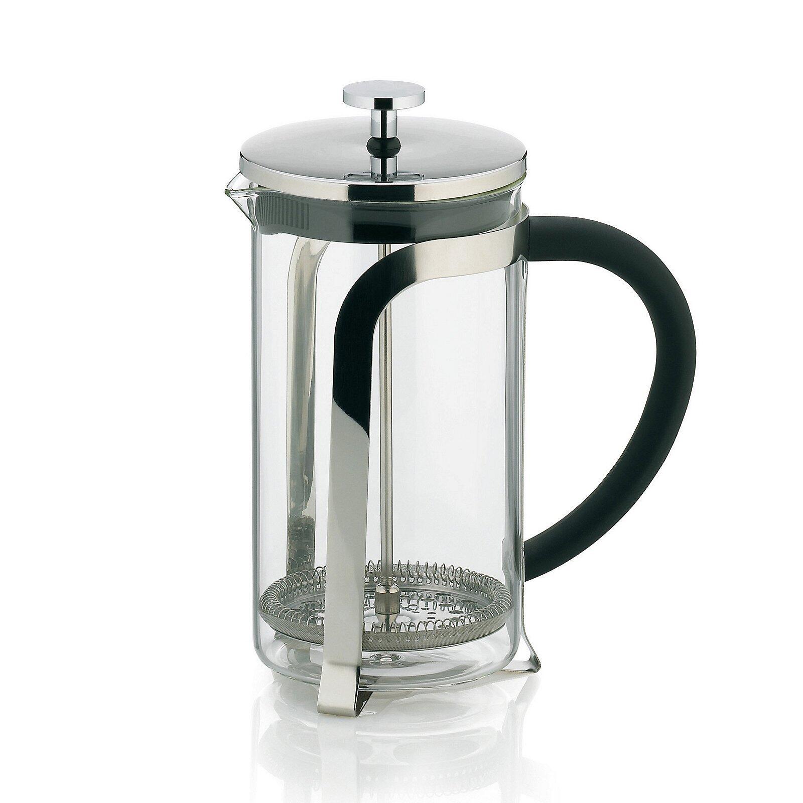 Kaffeebereiter Venecia aus Glas und Edelstahl mit sichtbarer Mechanik und Filter-Sieb, aufgenommen aus leicht unterer Perspektive.