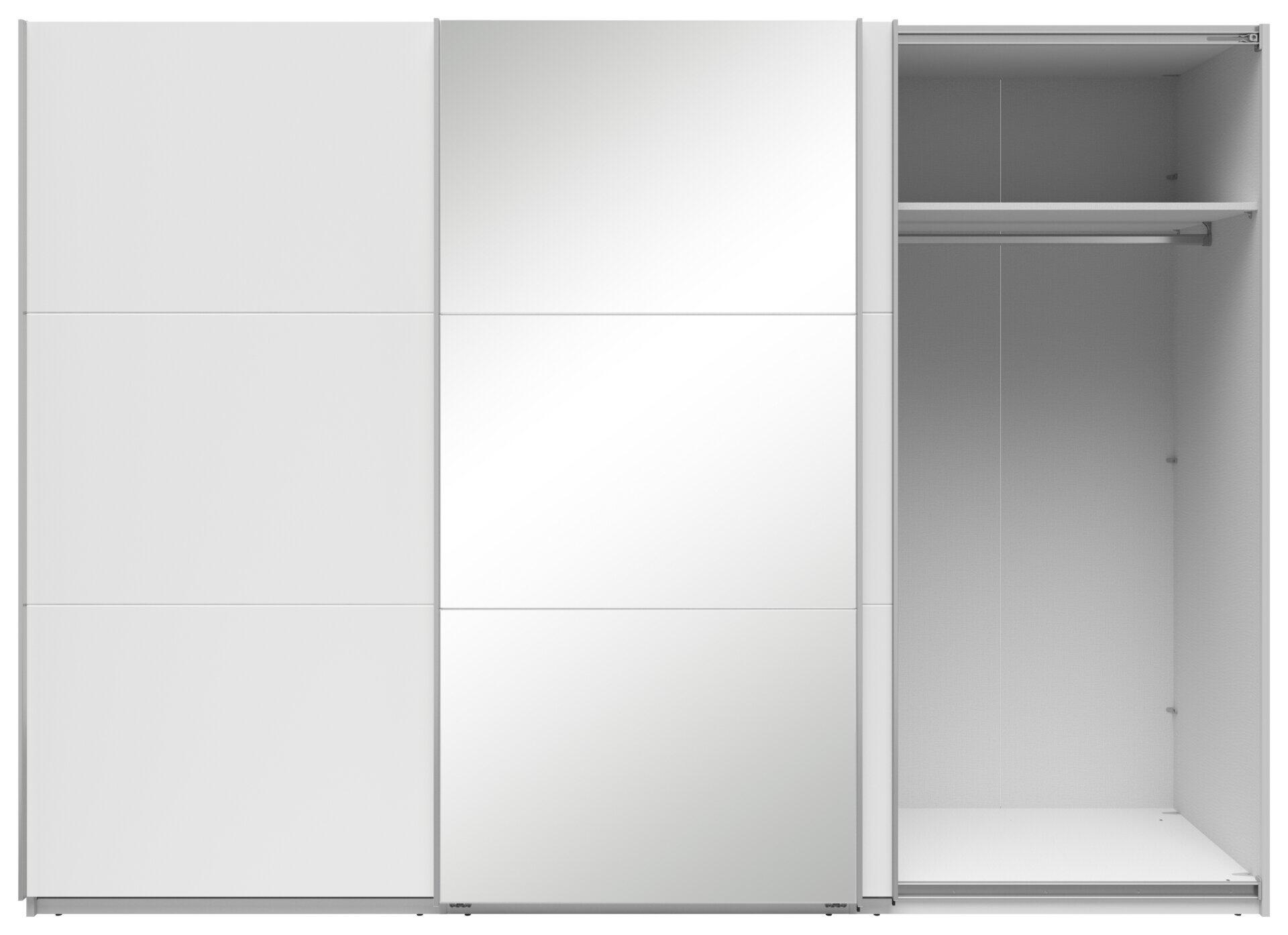Schwebetürenschrank Neo mit weißen Türen und Spiegelglas, zeigt im geöffneten Zustand eine silberfarbene Kleiderstange und einen Fachboden zur übersichtlichen Stauraumaufteilung.