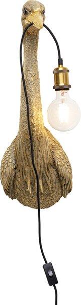 Wandleuchte Animal Heron, handgefertigte Wandlampe in Form eines stilisierten Strausses mit goldfarbenem Korpus, messingfarbener Fassung und schwarzem Kabel.