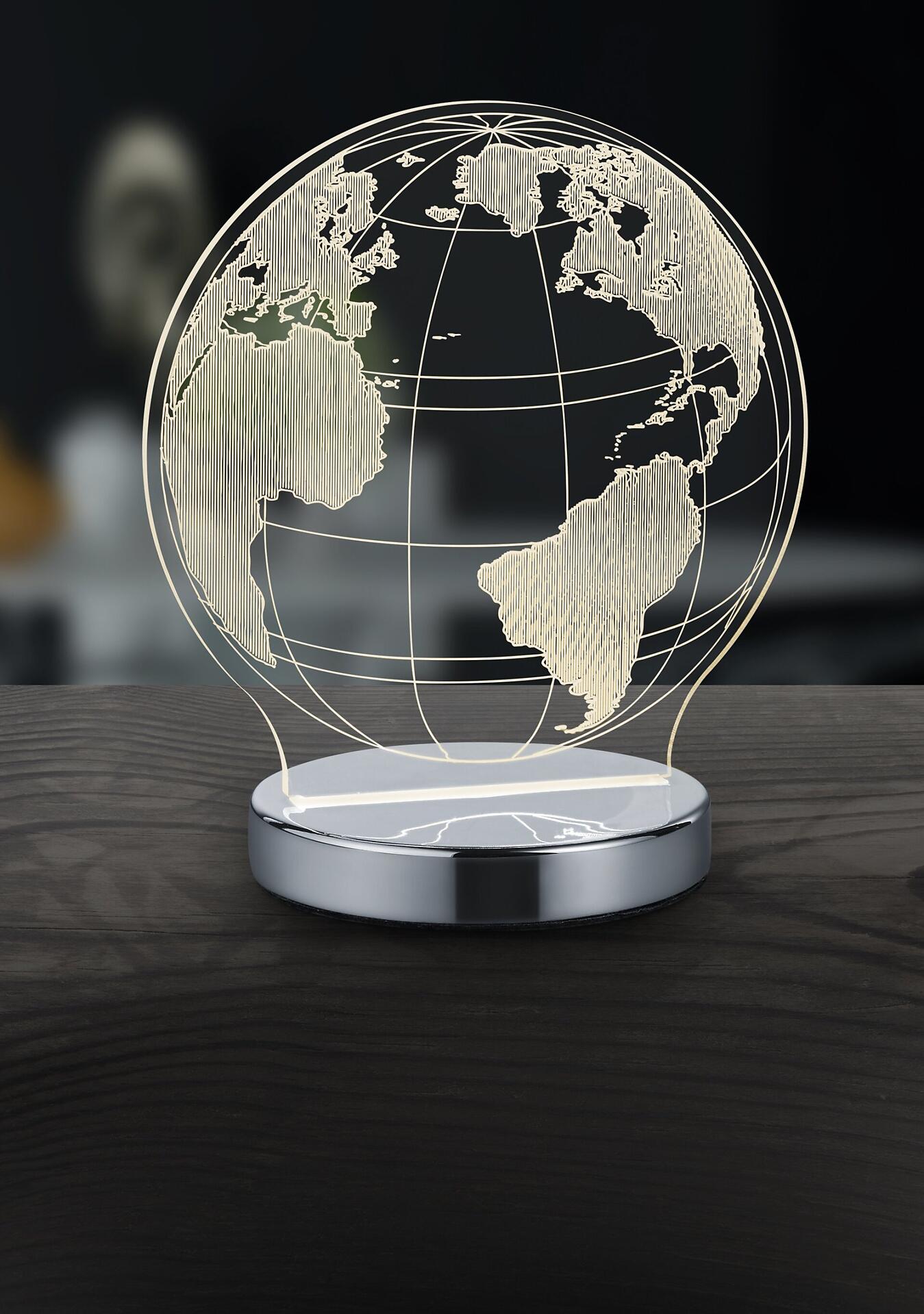 Tischleuchte Globe mit dekorativer Erdkugel-Reliefstruktur und einstellbarer Lichtfarbe auf einem silbernen Sockel.