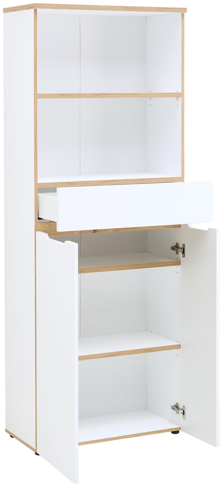 Büroschrank Memphis aus Artisan Eiche Nb und weißem MDF, Detailansicht von links mit offenem Fachbereich, breiter Ablagefläche und Schublade.
