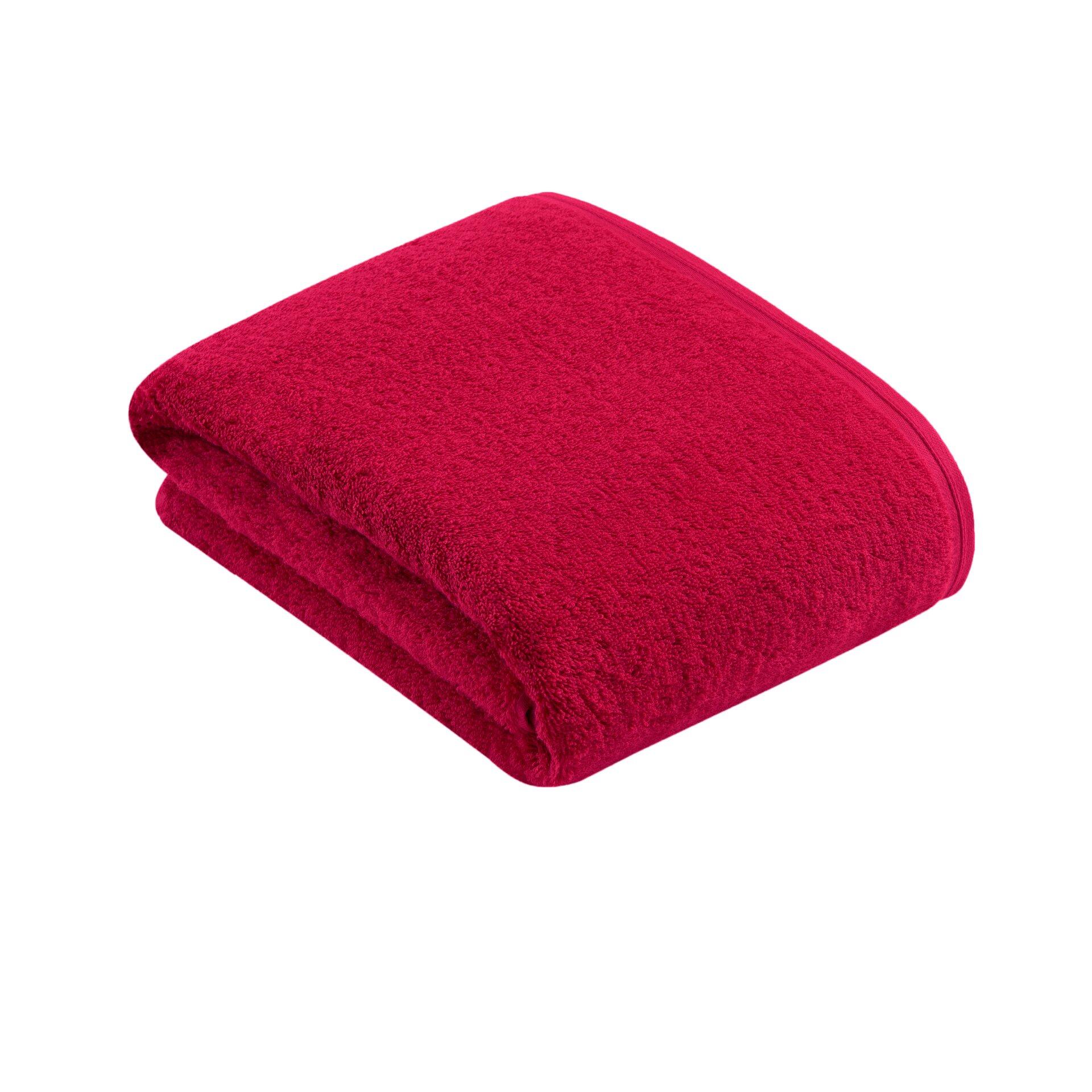 Rotes Badetuch Vegan Life aus SUPERSOFT Baumwolle, diagonal gefaltet auf weißem Hintergrund dargestellt.