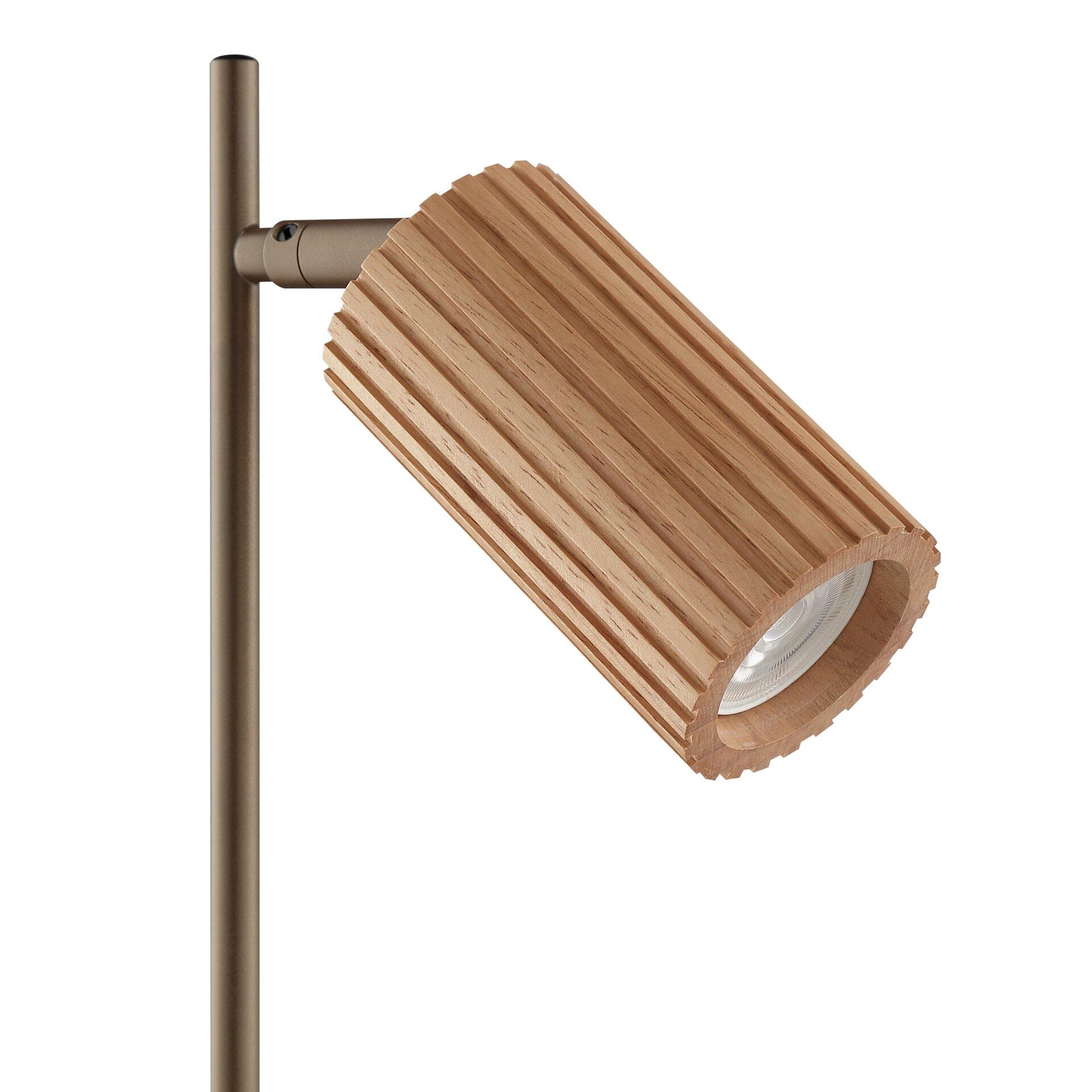 Lakewood Tischleuchte: Detailaufnahme des zylindrischen Lampenkopfs aus Holzlamellen mit schwenkbarer Funktion und LED-Lampe.