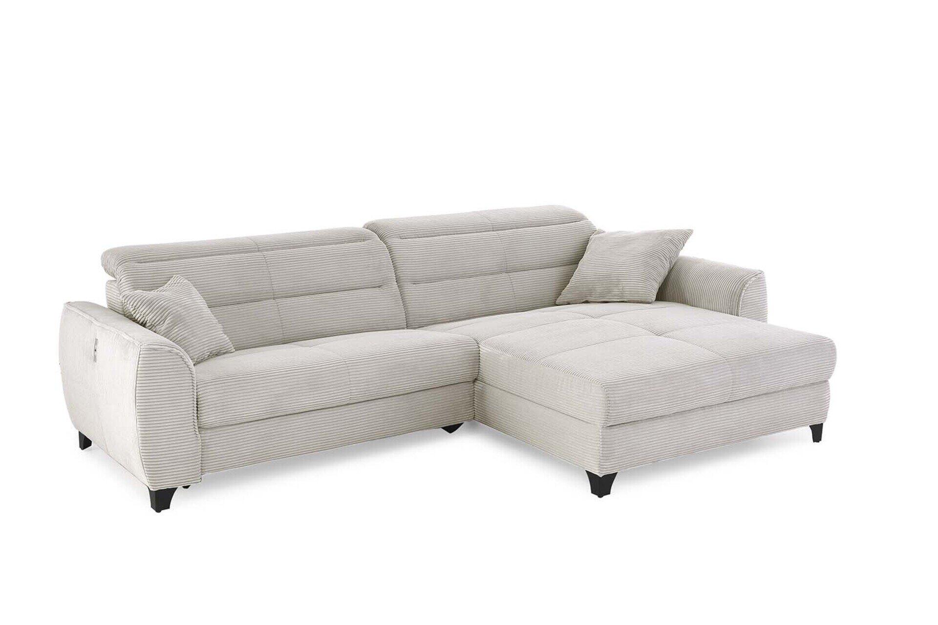 Wohnlandschaft Double One: Helles Ecksofa mit Schlaffunktion, stufenförmig gestalteten Rückenlehnen und ausfahrbarer Liegefläche, präsentiert in 360-Grad-Ansicht.