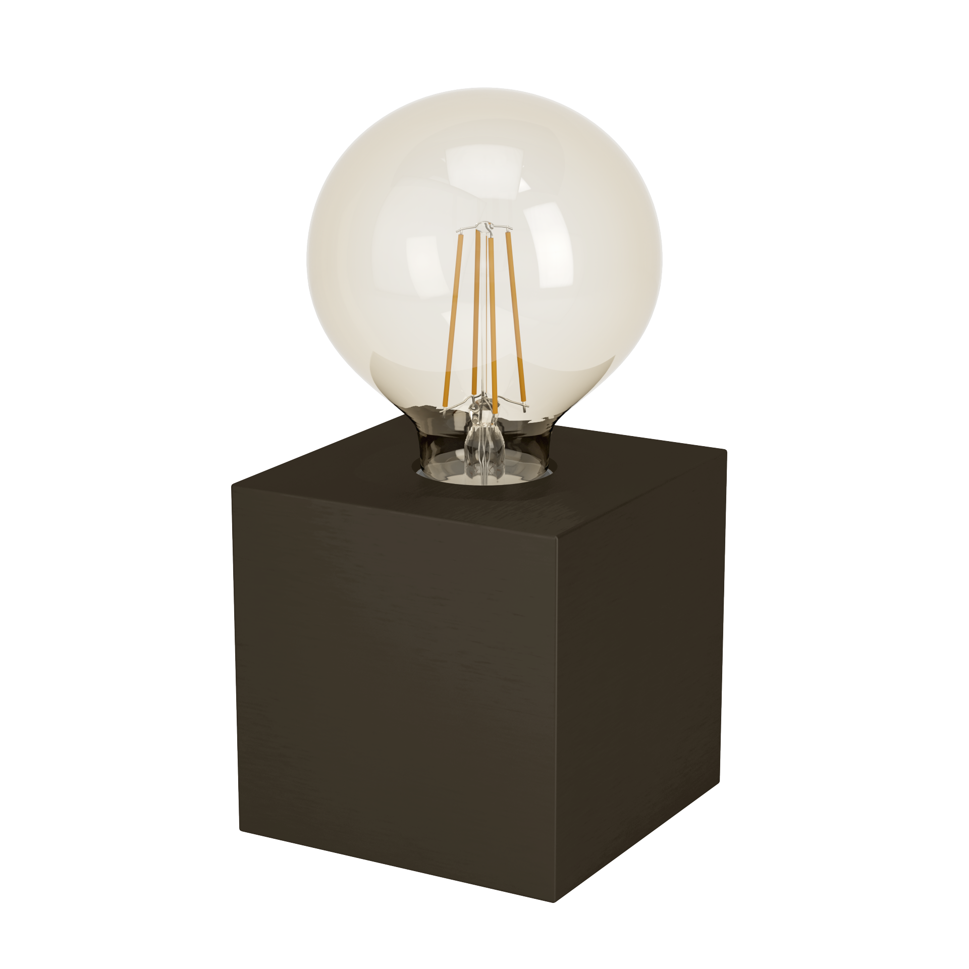 Tischleuchte Prestwick 2 im Vintage-Edison-Design mit großer Glühbirne und würfelförmigem Sockel, dargestellt in einer Frontalansicht.